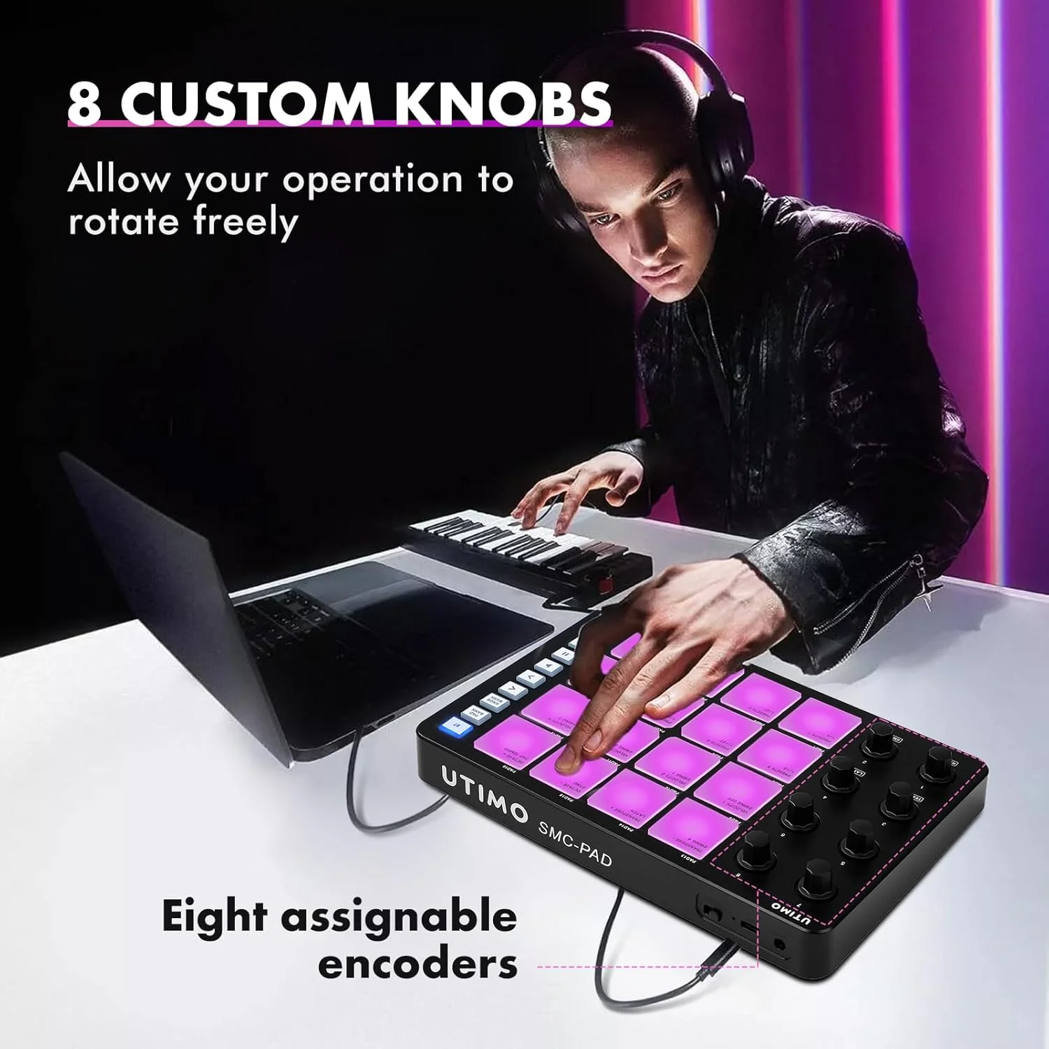 پد پرکاشن کنترلر MIDI نیکو با 16 دکمه، نور پس زمینه RGB، اتصال BT، خروجی 3.5 میلی متری با تاخیر کم، باتری داخلی (مشکی)