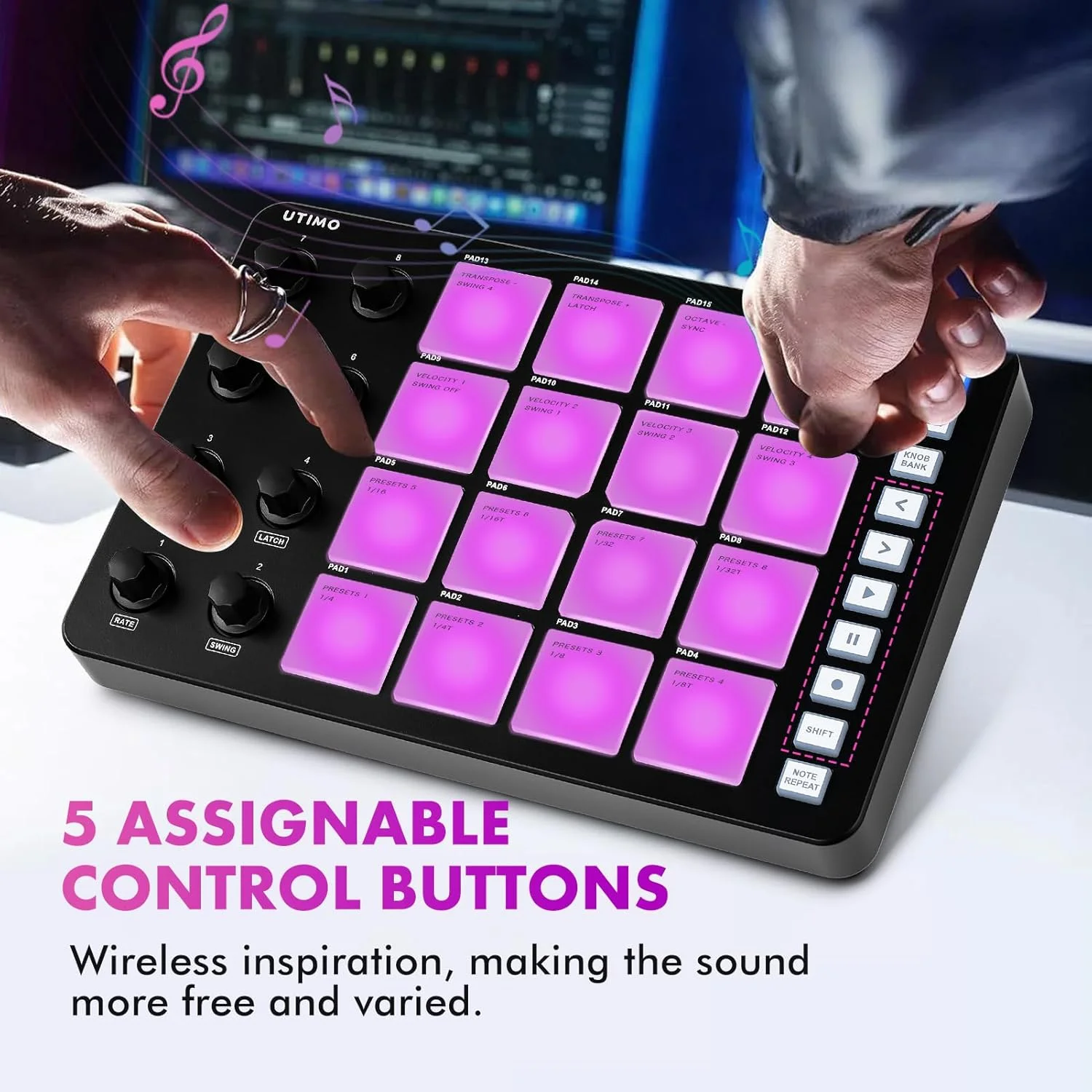 پد پرکاشن کنترلر MIDI نیکو با 16 دکمه، نور پس زمینه RGB، اتصال BT، خروجی 3.5 میلی متری با تاخیر کم، باتری داخلی (مشکی)