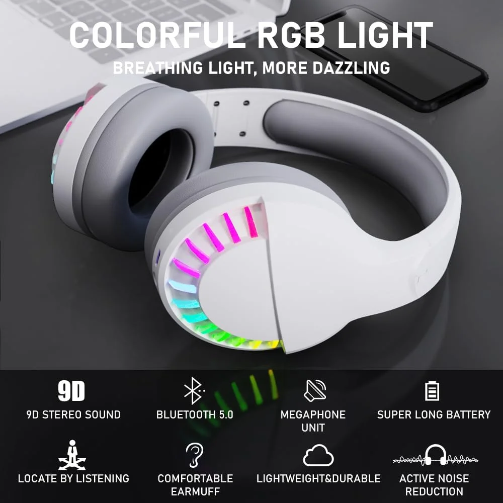 هدفون بی‌سیم بلوتوثی SH33، دور گوشی، دو حالته، RGB، حذف نویز، استریو Hi-Fi، 1000mAh، بلوتوث 5.0، سفید