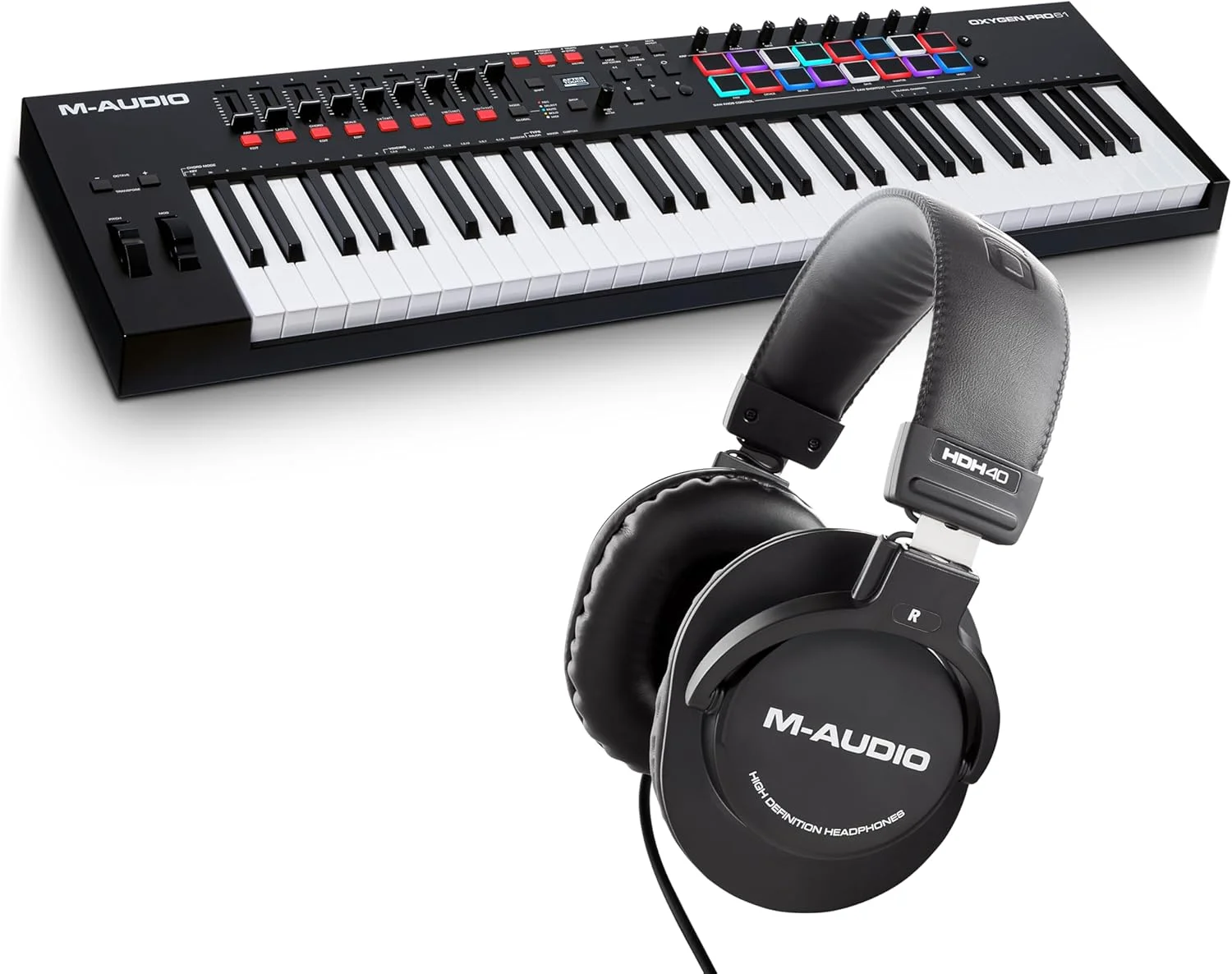M-AUDIO Oxygen Pro 61 و کنترلر کیبورد MIDI USB با 61 کلاویه و پدهای ضرب و هدفون استودیویی Over-Ear HDH40 با کابل 2.7 متری برای مانیتورینگ استودیویی