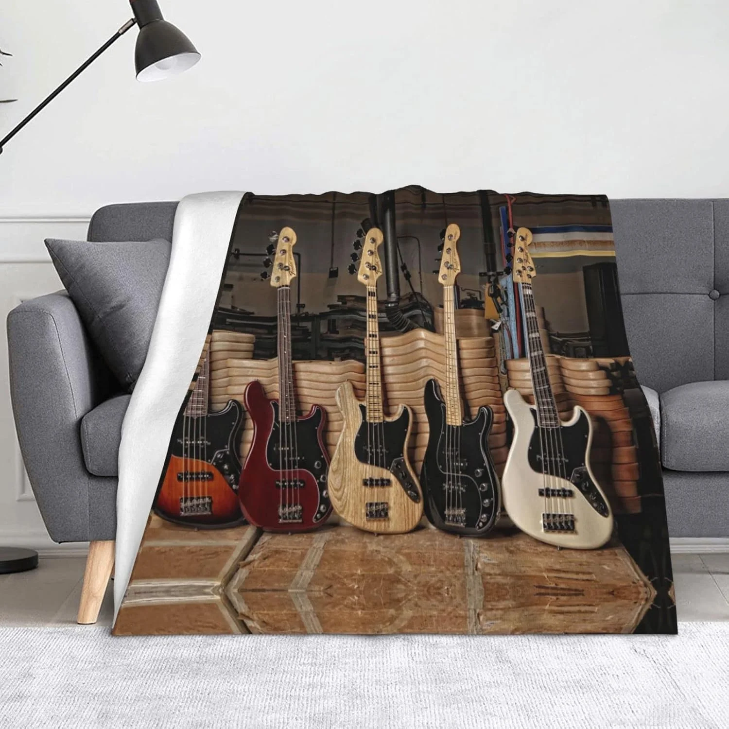 پتو فلانل طرح گیتار، بیس، آلات موسیقی، مناسب برای مبل، تخت، کمپینگ، مسافرت، پتو میکروفایبر فوق العاده نرم و راحت