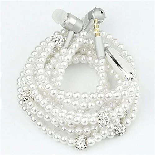 هدفون سیمی داخل گوشی MASUNN با زنجیر مرواریدی، استریو 3.5 میلی متری یونیورسال همراه با میکروفون - سفید