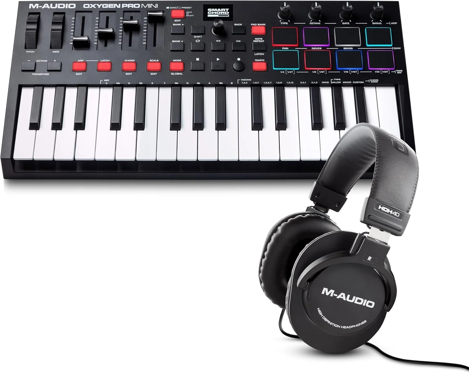 M-Audio Oxygen Pro Mini و HDH40 – کنترلر میدی کیبورد USB با 32 کلید به همراه پدهای ضرب و هدفون استودیویی رو گوشی