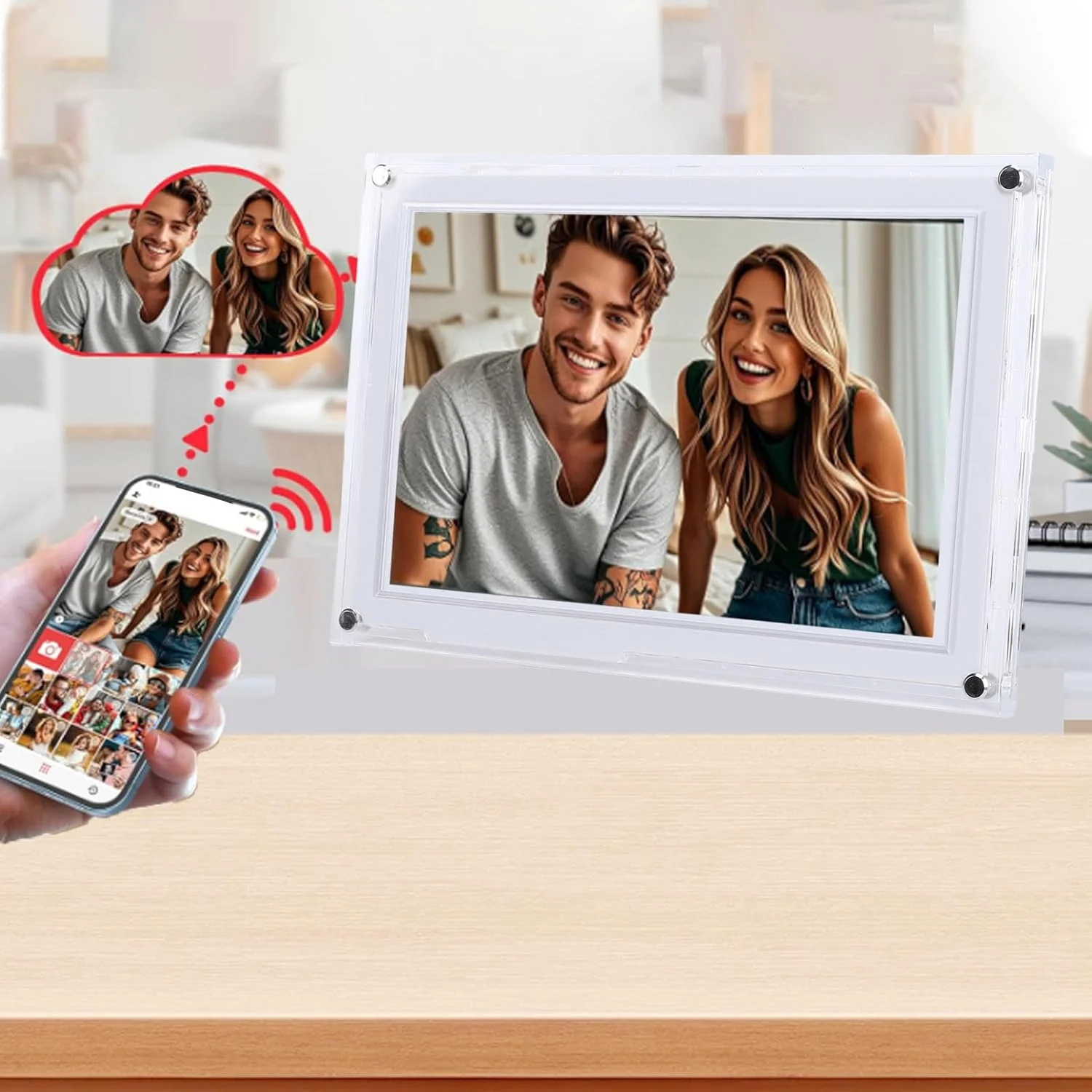 قاب عکس دیجیتال وای فای Bewinner، قاب عکس ابری هوشمند 10.1 اینچی با صفحه نمایش HD 1280x800 چرخش خودکار، حافظه 32 گیگابایتی، پخش موسیقی و ویدیو، هدیه (سفید)