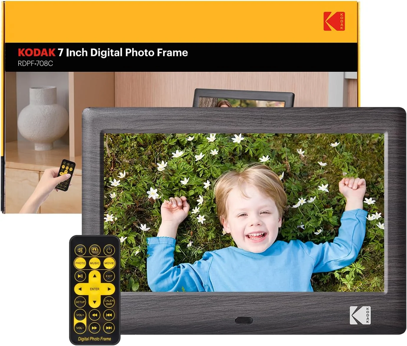 قاب عکس دیجیتال 7 اینچی KODAK، قاب عکس الکترونیکی، صفحه نمایش IPS، پخش کننده عکس/موسیقی/ویدئو/تقویم/زنگ هشدار، پشتیبانی از USB یا کارت SD، چرخش خودکار، با کنترل از راه دور