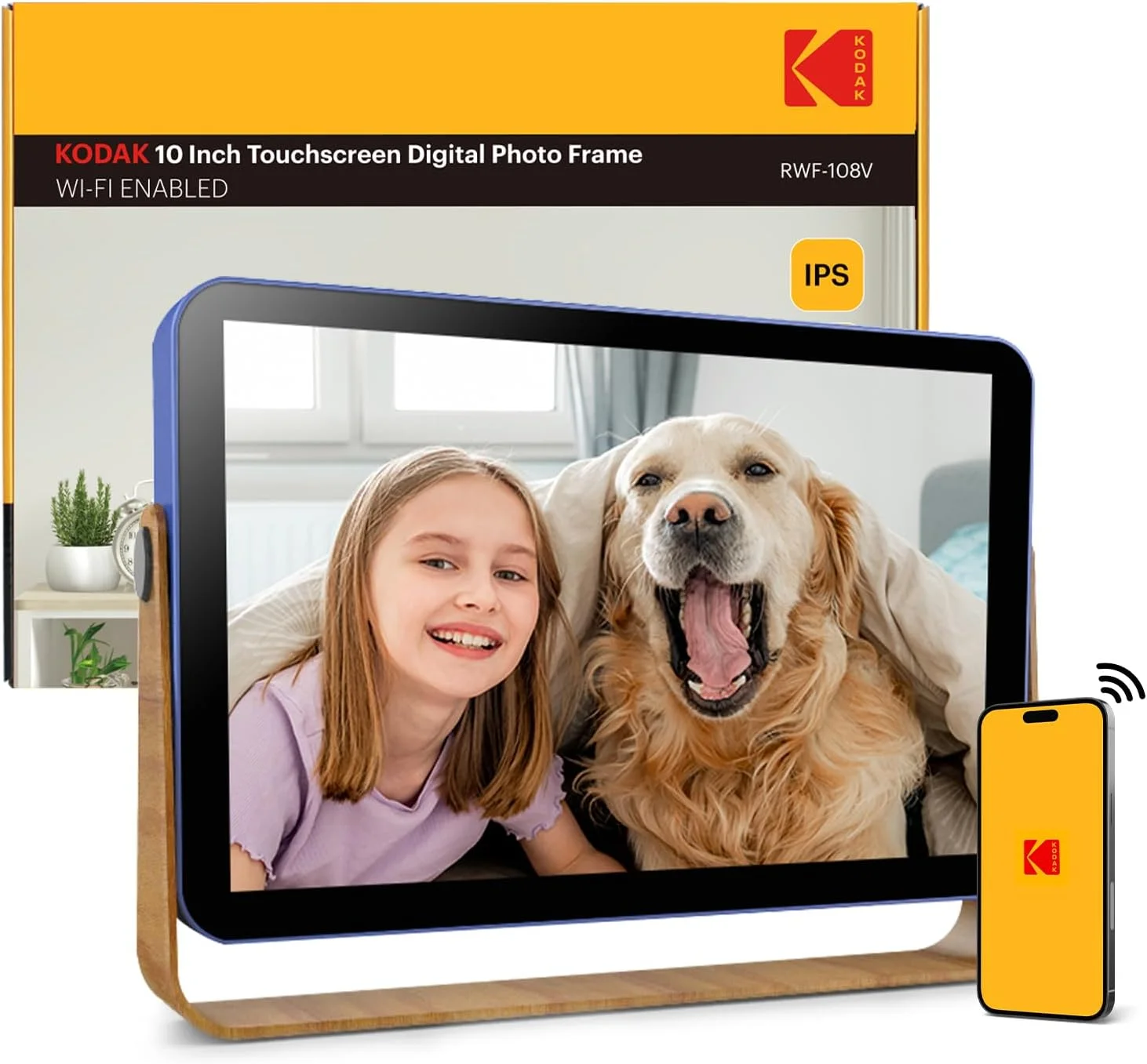 قاب عکس دیجیتال 10 اینچی کوداک با قابلیت شارژ مجدد و وای فای، 16 گیگابایت رم، قاب عکس الکترونیکی وای فای با قابلیت پخش عکس/فیلم/تقویم/ساعت زنگ دار/آب و هوا و به روز رسانی موقعیت مکانی، RCF-108 آبی