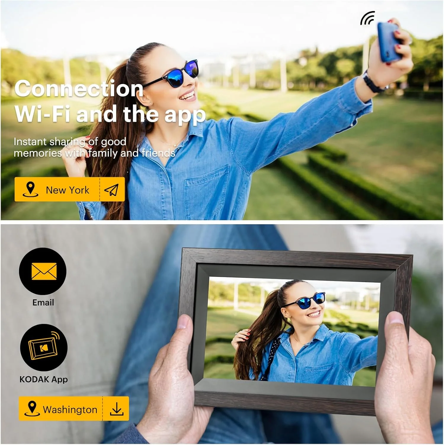 قاب عکس دیجیتال کداک، قاب عکس دیجیتال وای فای، 10.1 اینچ 32 گیگابایت، صفحه نمایش لمسی 1280 x 800 HD IPS، چرخش خودکار، اشتراک گذاری عکس ها و فیلم ها از طریق برنامه کداک قاب عکس دیجیتال کداک، قاب عکس دیجیتال وای فای، 10.1 اینچ 32 گیگابایت، صفحه نمایش لمسی 1280 x 800 HD IPS، چرخش خودکار، اشتراک گذاری عکس ها و فیلم ها از طریق برنامه کداک