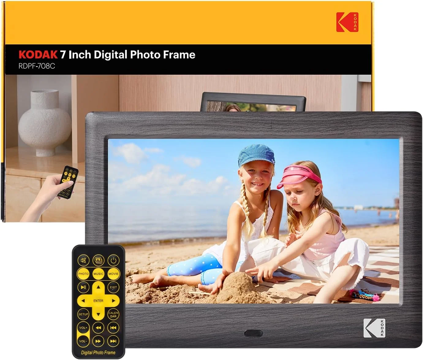 قاب عکس دیجیتال چوبی 7 اینچی KODAK با کنترل از راه دور، صفحه نمایش HD با رزولوشن 1024x600 IPS، چرخش خودکار، نیاز به کارت USB یا SD، پشتیبانی از عکس/فیلم/موسیقی/تقویم/نمایش اسلاید