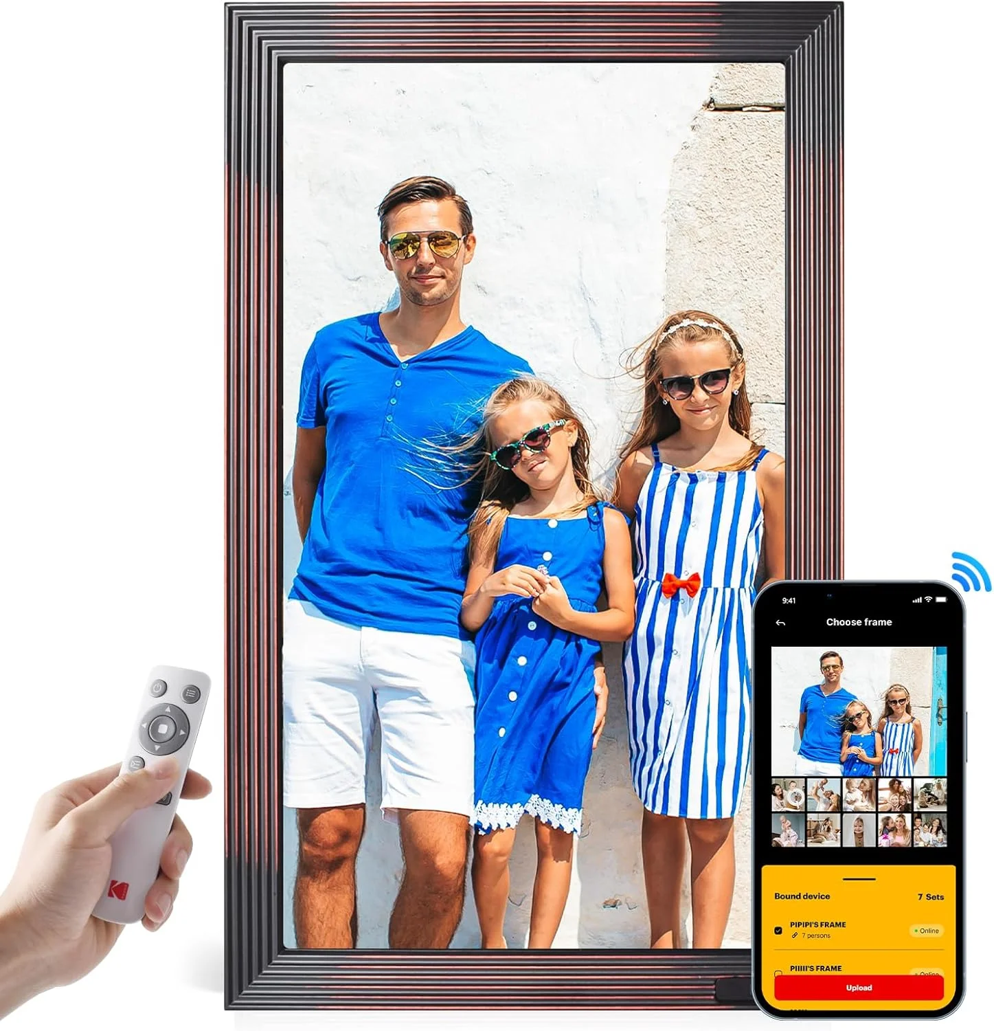 قاب عکس دیجیتال کداک، 21.5 اینچ، قاب عکس دیجیتال وای فای، بزرگ با حافظه 32 گیگابایتی، قاب عکس برقی چوبی FHD با برنامه، اشتراک گذاری از راه دور عکس ها و فیلم ها، حسگر حرکتی، خودکار