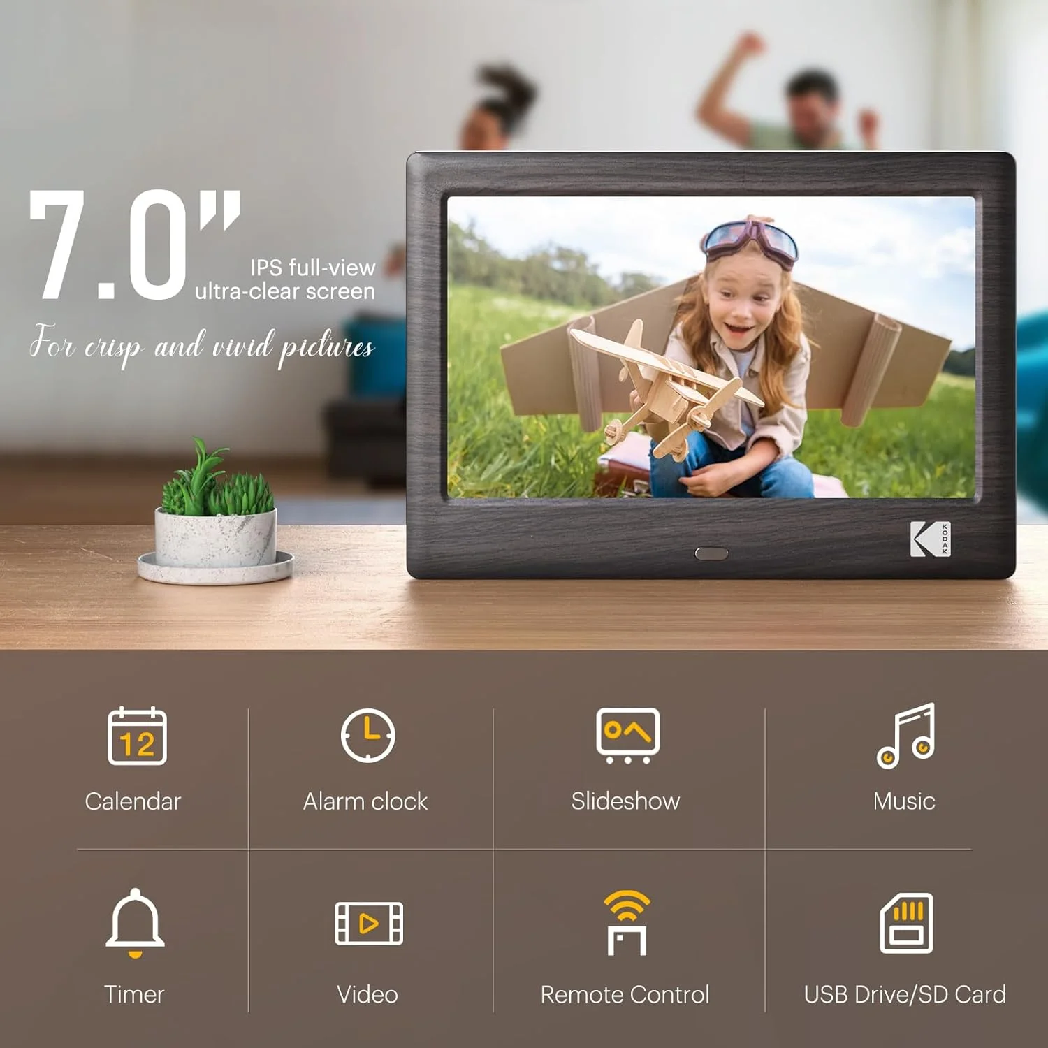 قاب عکس دیجیتال چوبی 7 اینچی KODAK با کنترل از راه دور، صفحه نمایش HD با رزولوشن 1024x600 IPS، چرخش خودکار، نیاز به کارت USB یا SD، پشتیبانی از عکس/فیلم/موسیقی/تقویم/نمایش اسلاید قاب عکس دیجیتال چوبی 7 اینچی KODAK با کنترل از راه دور، صفحه نمایش HD با رزولوشن 1024x600 IPS، چرخش خودکار، نیاز به کارت USB یا SD، پشتیبانی از عکس/فیلم/موسیقی/تقویم/نمایش اسلاید