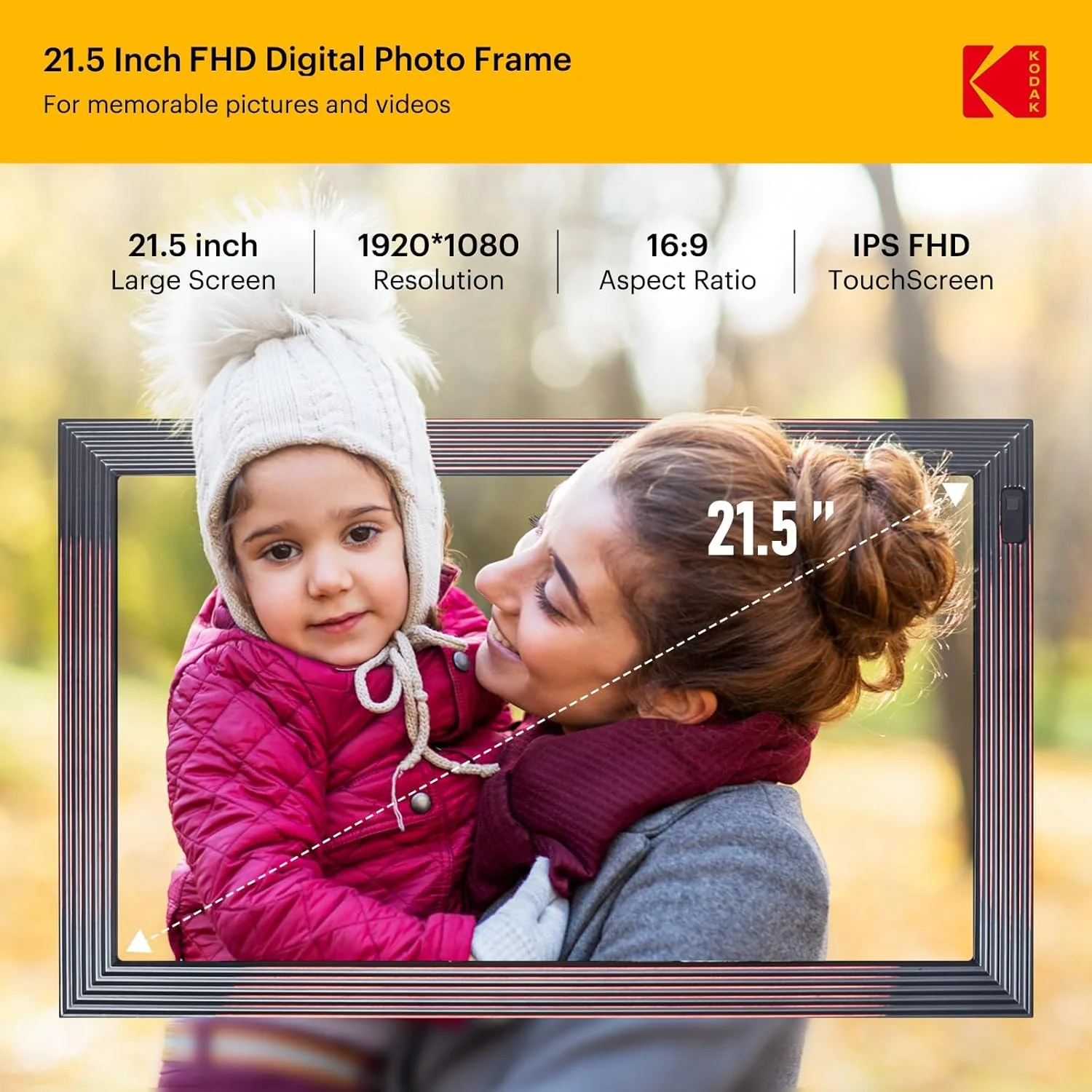 قاب عکس دیجیتال کداک، 21.5 اینچ، قاب عکس دیجیتال وای فای، بزرگ با حافظه 32 گیگابایتی، قاب عکس برقی چوبی FHD با برنامه، اشتراک گذاری از راه دور عکس ها و فیلم ها، حسگر حرکتی، خودکار