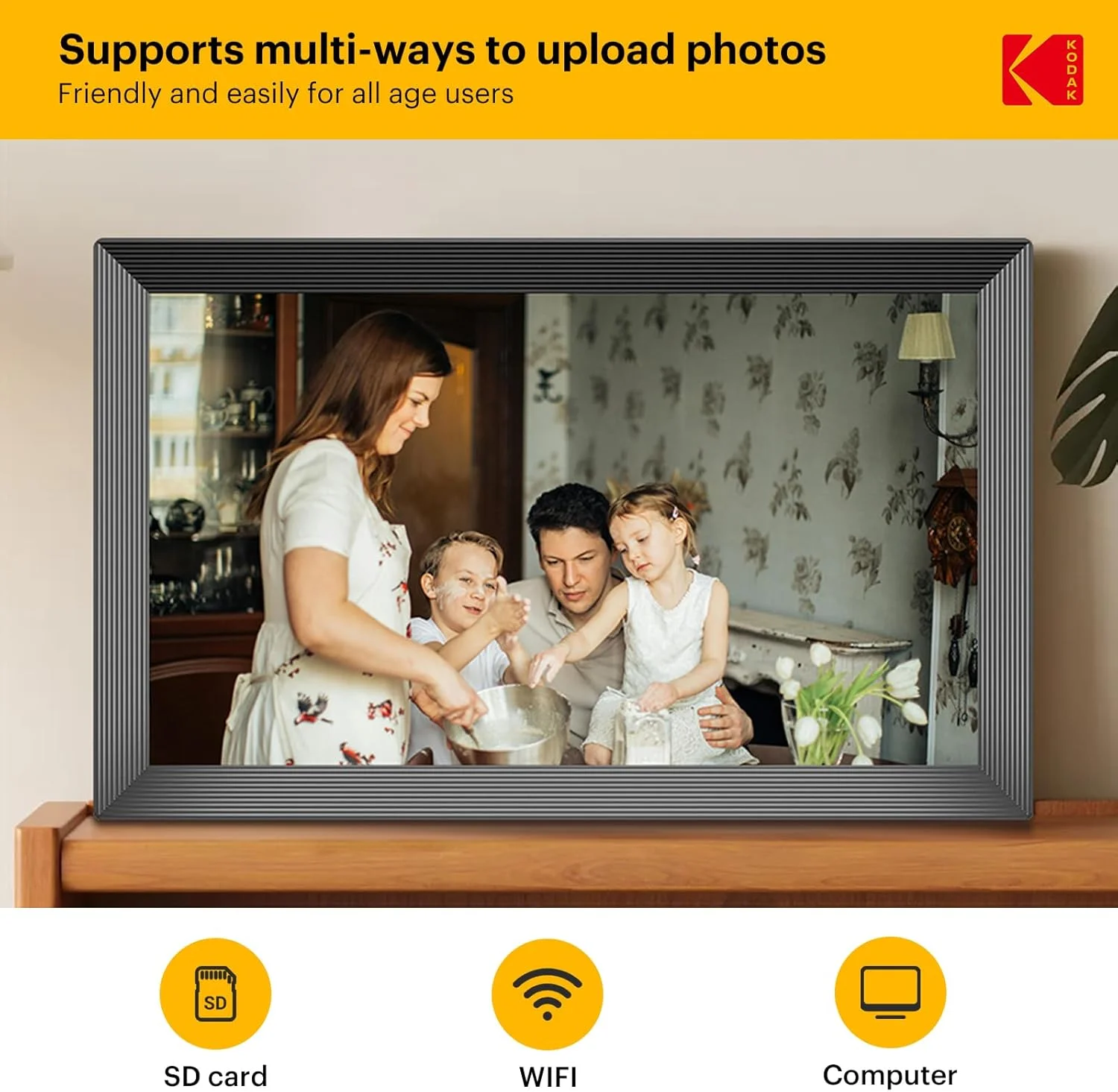 قاب عکس دیجیتال وای فای KODAK، صفحه نمایش لمسی 15.6 اینچی HD IPS، حافظه 32 گیگابایتی، چرخش خودکار تصویر، اشتراک گذاری عکس ها یا فیلم ها از طریق برنامه، مشکی قاب عکس دیجیتال وای فای KODAK، صفحه نمایش لمسی 15.6 اینچی HD IPS، حافظه 32 گیگابایتی، چرخش خودکار تصویر، اشتراک گذاری عکس ها یا فیلم ها از طریق برنامه، مشکی