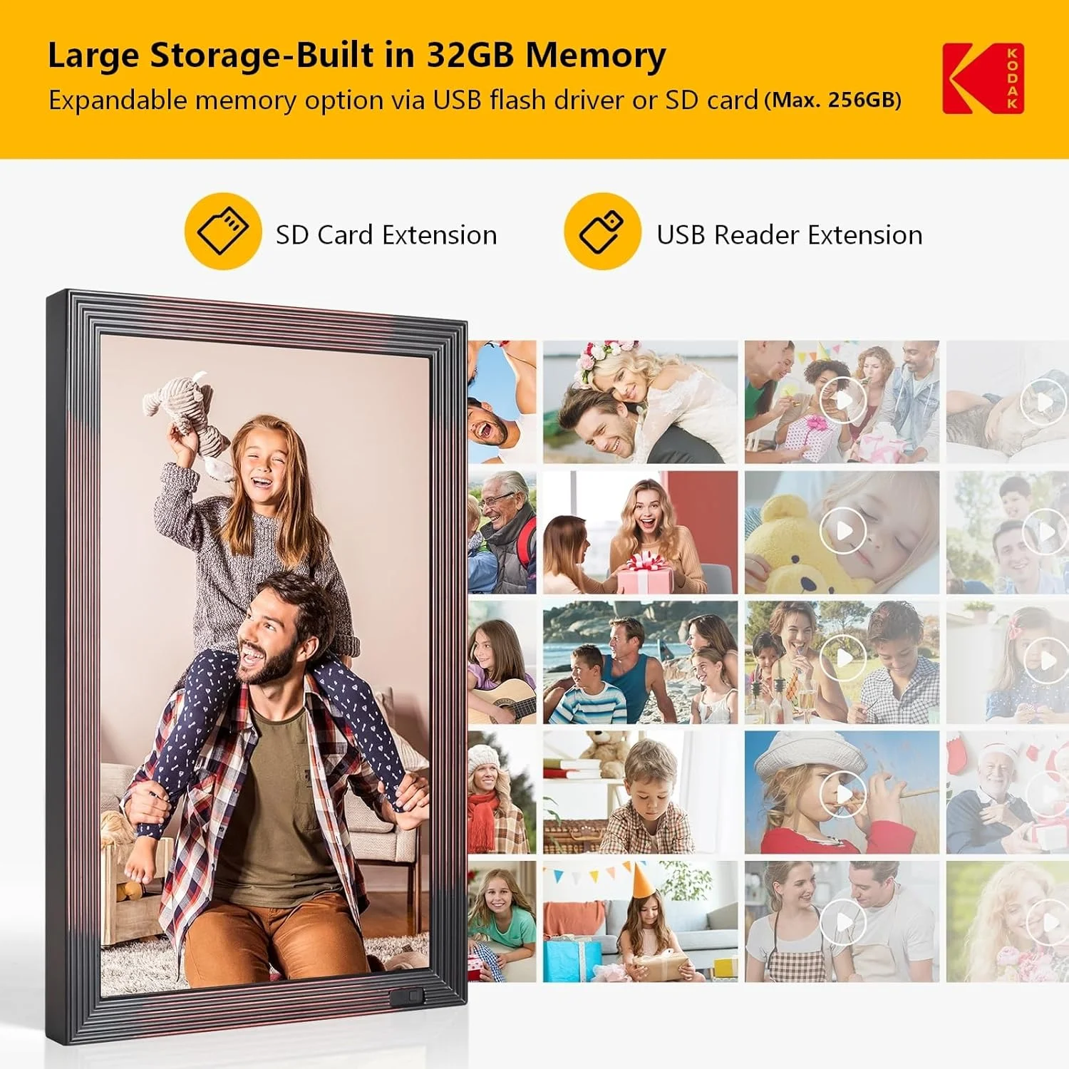 قاب عکس دیجیتال کداک، 21.5 اینچ، قاب عکس دیجیتال وای فای، بزرگ با حافظه 32 گیگابایتی، قاب عکس برقی چوبی FHD با برنامه، اشتراک گذاری از راه دور عکس ها و فیلم ها، حسگر حرکتی، خودکار