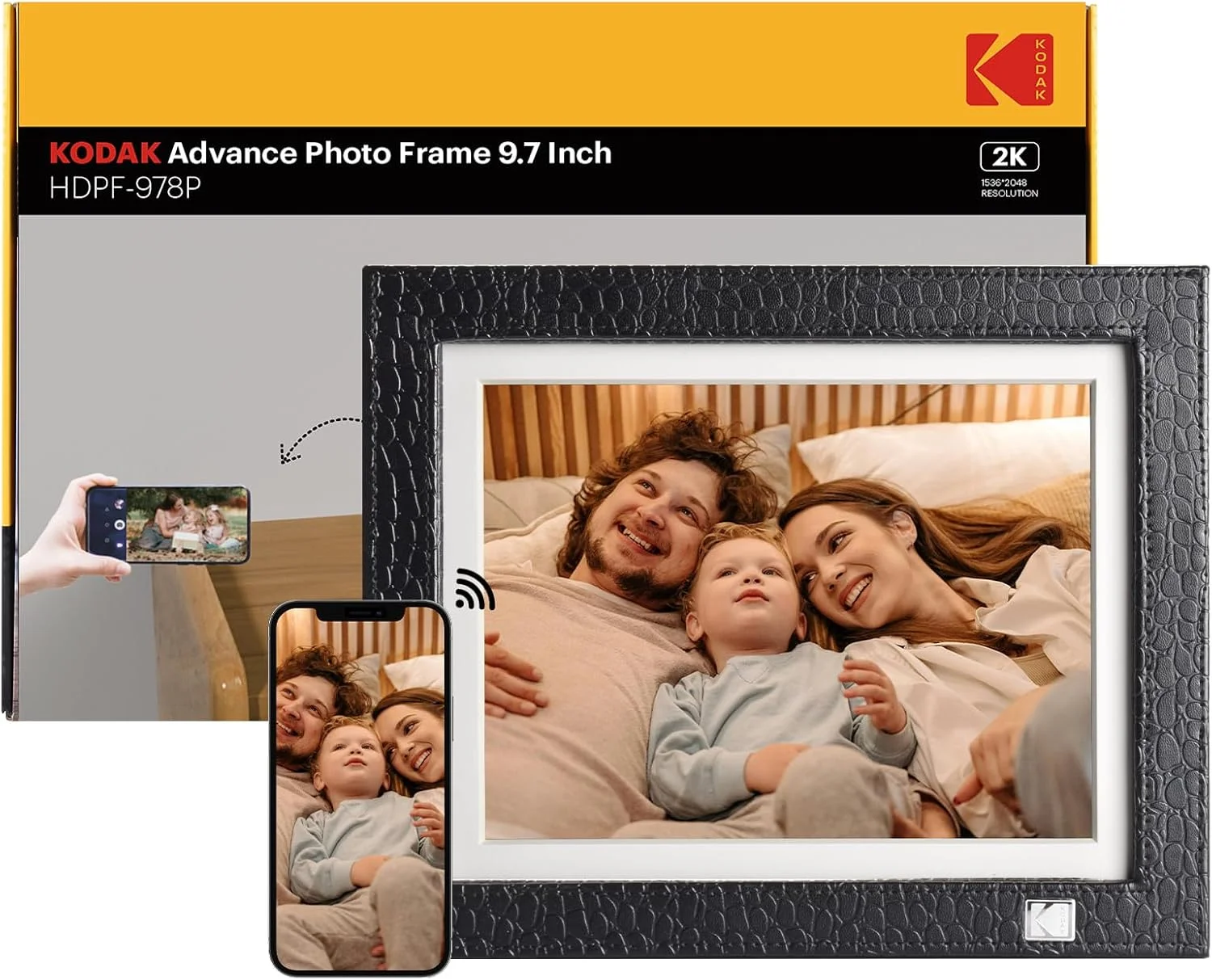 قاب عکس دیجیتال 9.7 اینچی KODAK با WiFi، صفحه لمسی IPS 2K با وضوح 2048x1536، حافظه 32 گیگابایتی، کیف چرمی مشکی، سنسور حرکتی چرخش خودکار، اشتراک‌گذاری عکس‌ها و فیلم‌ها از هر کجا، هدیه برای خانواده‌ها