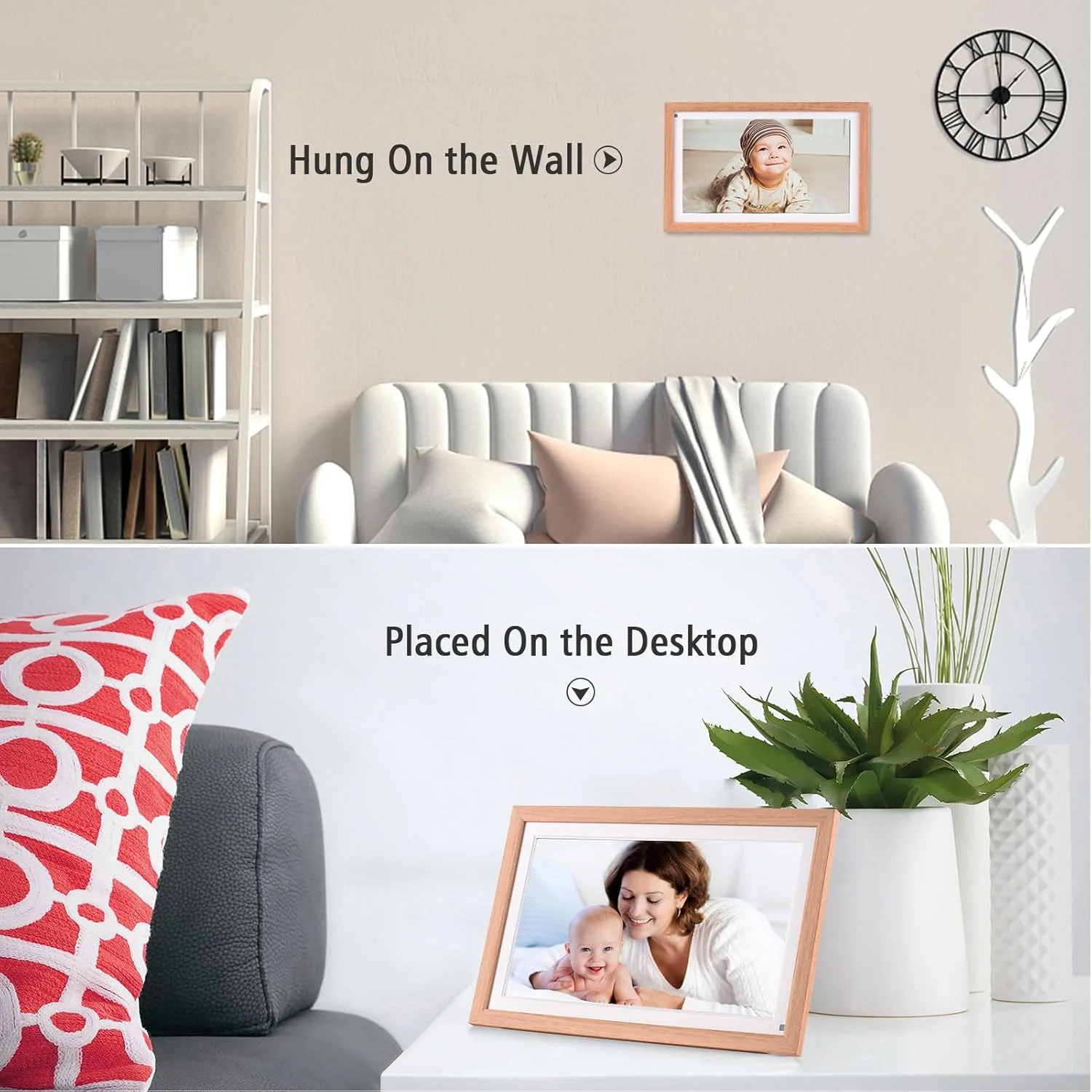 قاب عکس دیجیتال وای فای بزرگ 15.6 اینچی Eacam، قابلیت نصب روی دیوار، صفحه نمایش لمسی IPS با رزولوشن 1920*1080، ظرفیت ذخیره سازی 16 گیگابایت، چرخش خودکار، اشتراک گذاری عکس از طریق برنامه با پایه پشتی