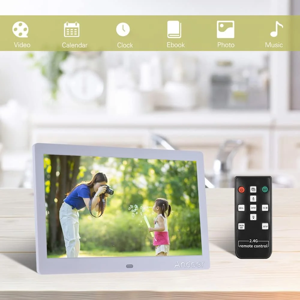 قاب عکس دیجیتال ال سی دی عریض 10 اینچی Eacam با رزولوشن بالا 1024 * 600 به همراه پخش کننده ویدیو MP3 MP4، عملکرد ساعت و تقویم و کنترل از راه دور 2.4G قاب عکس دیجیتال ال سی دی عریض 10 اینچی Eacam با رزولوشن بالا 1024 * 600 به همراه پخش کننده ویدیو MP3 MP4، عملکرد ساعت و تقویم و کنترل از راه دور 2.4G