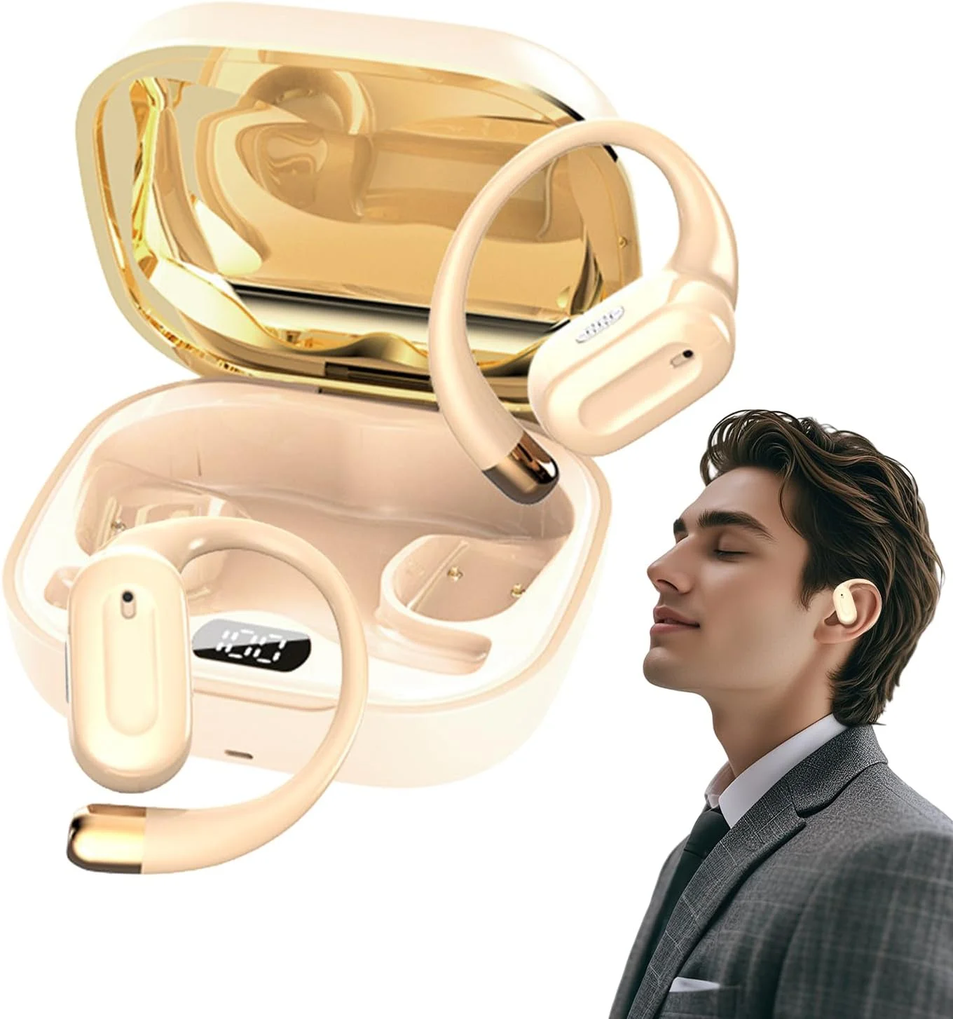 هدفون‌های بی‌سیم با طراحی گوش باز، مقاوم در برابر عرق، صدای کم تاخیر، دستگاه پخش صدا برای کار، شنا، دویدن و استفاده پخش زنده، کرمی/مشکی