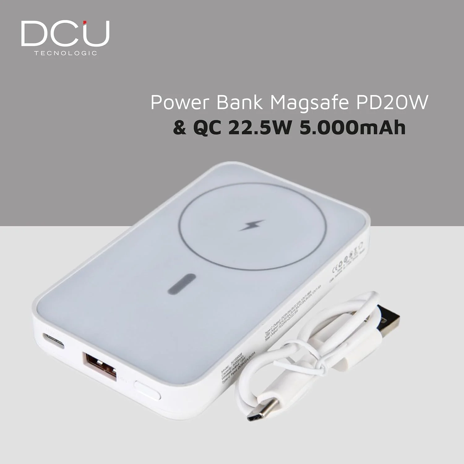 DCU TECNOLOGIC – پاور بانک – شارژ بی‌سیم مغناطیسی، سازگار با Magsafe – 2 خروجی USB – سازگار با آیفون 12، 13، 14، 15 – رنگ: سفید