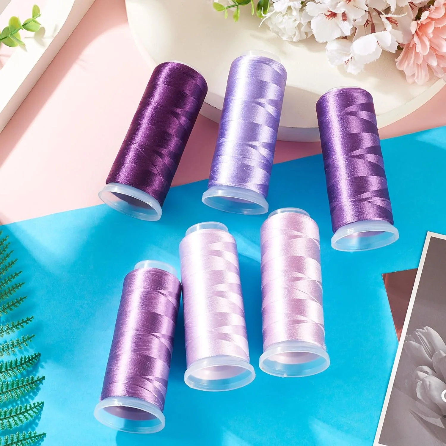 6 حلقه نخ ابریشم گلدوزی، نخ دمسه ابریشمی مخملی بنفش پلی استر برای ماشین گلدوزی، مناسب بافندگی، خیاطی و کاردستی، 1600 متر در هر حلقه