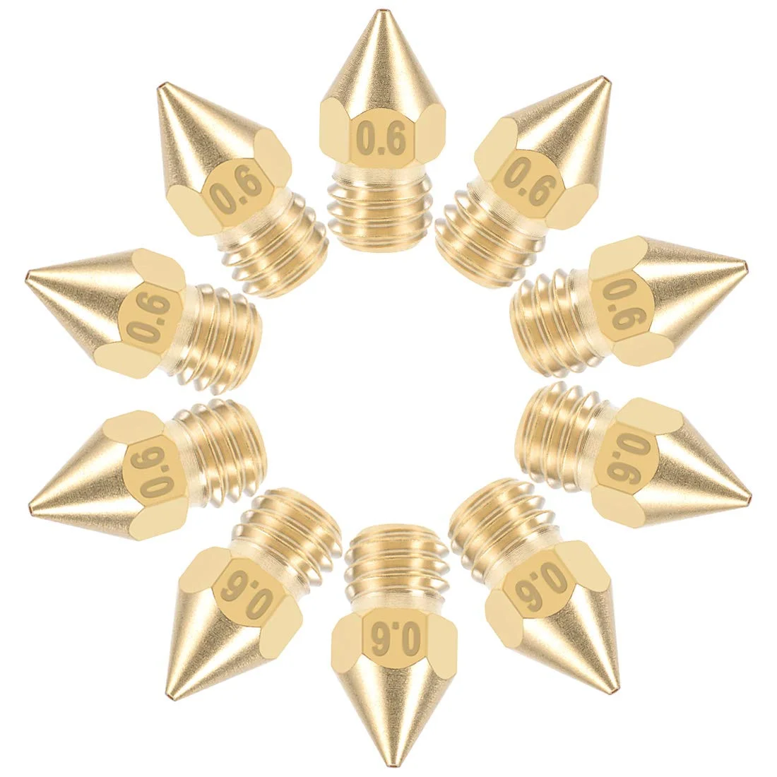 نازل پرینتر سه بعدی uxcell با قطر 0.6 میلی متر، 10 عدد جایگزین رزوه M6 برای چاپگر اکسترودر MK8 با قطر 1.75 میلی متر، جنس برنجی