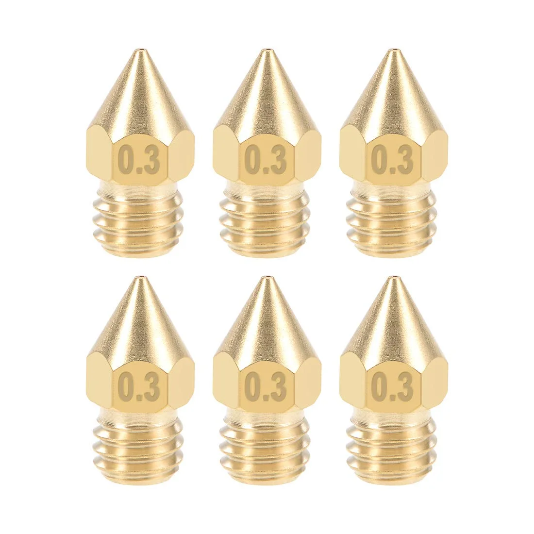 نازل پرینتر سه بعدی uxcell با قطر 0.3 میلی متر، رزوه M6، جایگزین برای اکسترودر MK8 1.75mm، جنس برنجی، 6 عدد