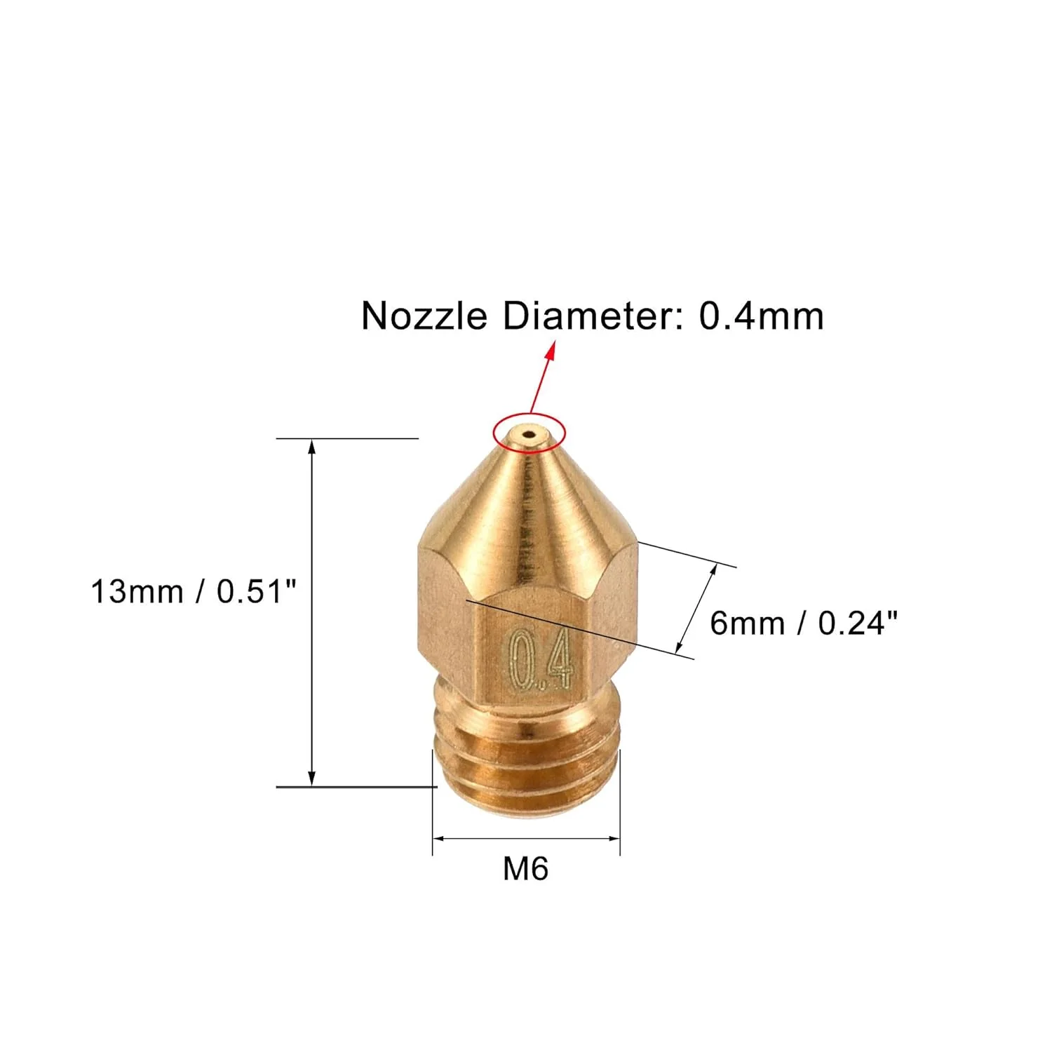 نازل پرینتر سه بعدی uxcell با قطر 0.4 میلی‌متر، 24 عدد رزوه M6 برای چاپگر اکسترودر MK8 3 میلی‌متری، جنس برنجی