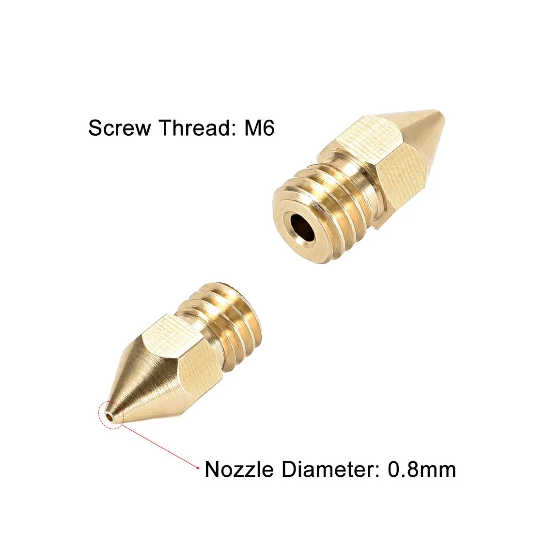 نازل پرینتر سه بعدی uxcell، نازل برنجی 0.8 میلی متری، سر چاپ اکسترودر برای فیلامنت 1.75 میلی متری M6 پرینتر سه بعدی، 2 عدد