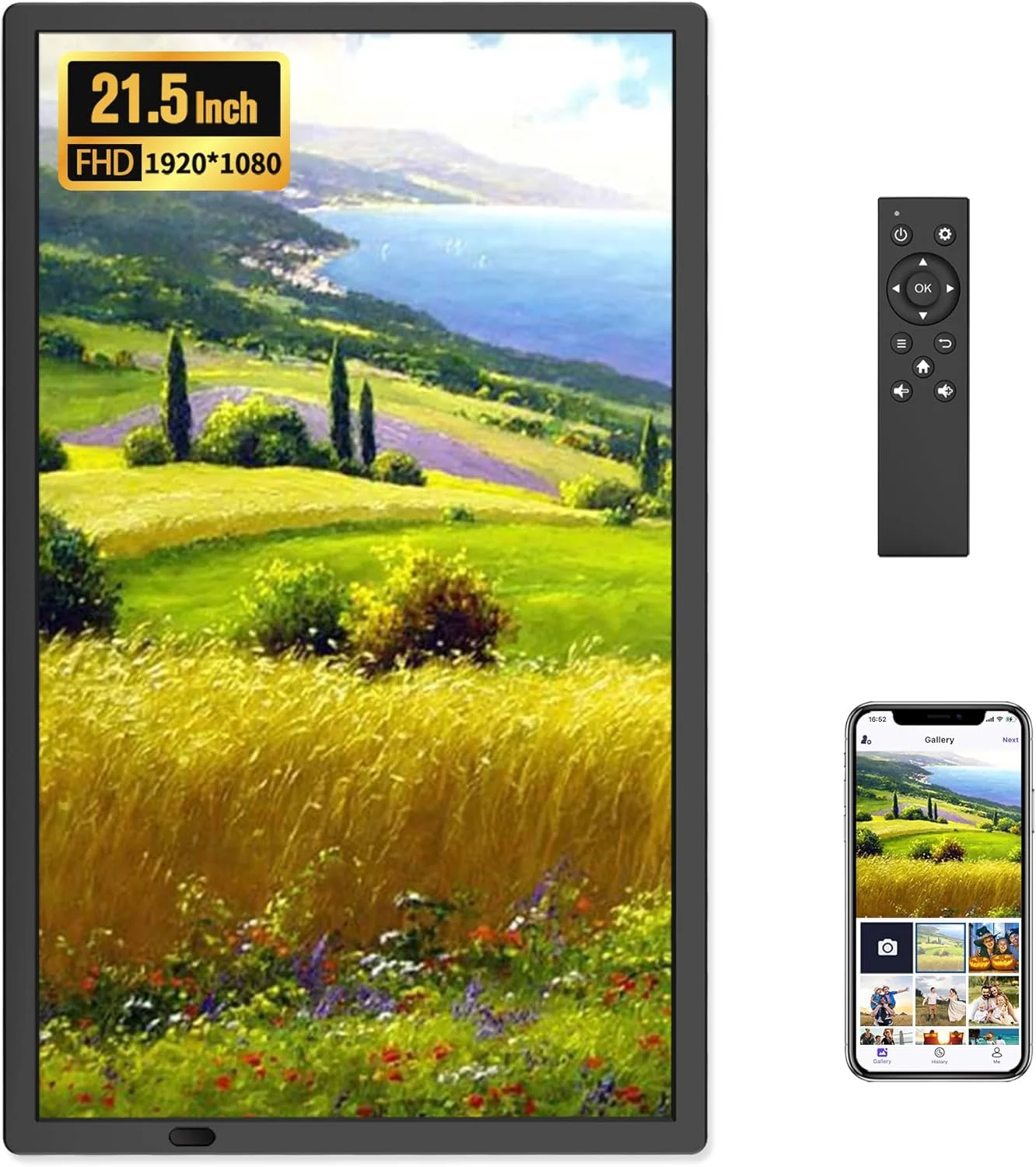 قاب عکس دیجیتال بزرگ 21.5 اینچی FANGOR، قاب عکس دیجیتال وای فای با صفحه نمایش 1920 * 1080 FHD IPS با کنترل از راه دور، 32 گیگابایت چرخش خودکار، قابل نصب روی دیوار، اشتراک گذاری عکس/فیلم از طریق برنامه Uhale/USB/SD