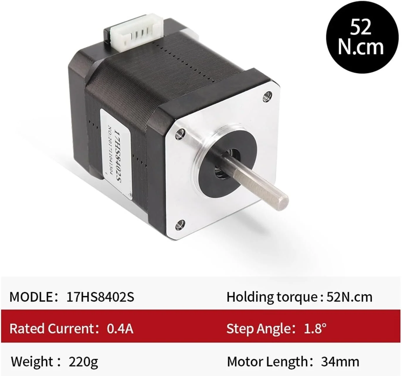 موتور پله ای 42BYGH چهار سیمه Nema17، 48 میلی متر، 78 اونس-اینچ، 1.3 آمپر، 52N.CM مدل 17HS8402S برای لوازم جانبی پرینتر سه بعدی (سایز: 1 عدد 17HS8402-S)