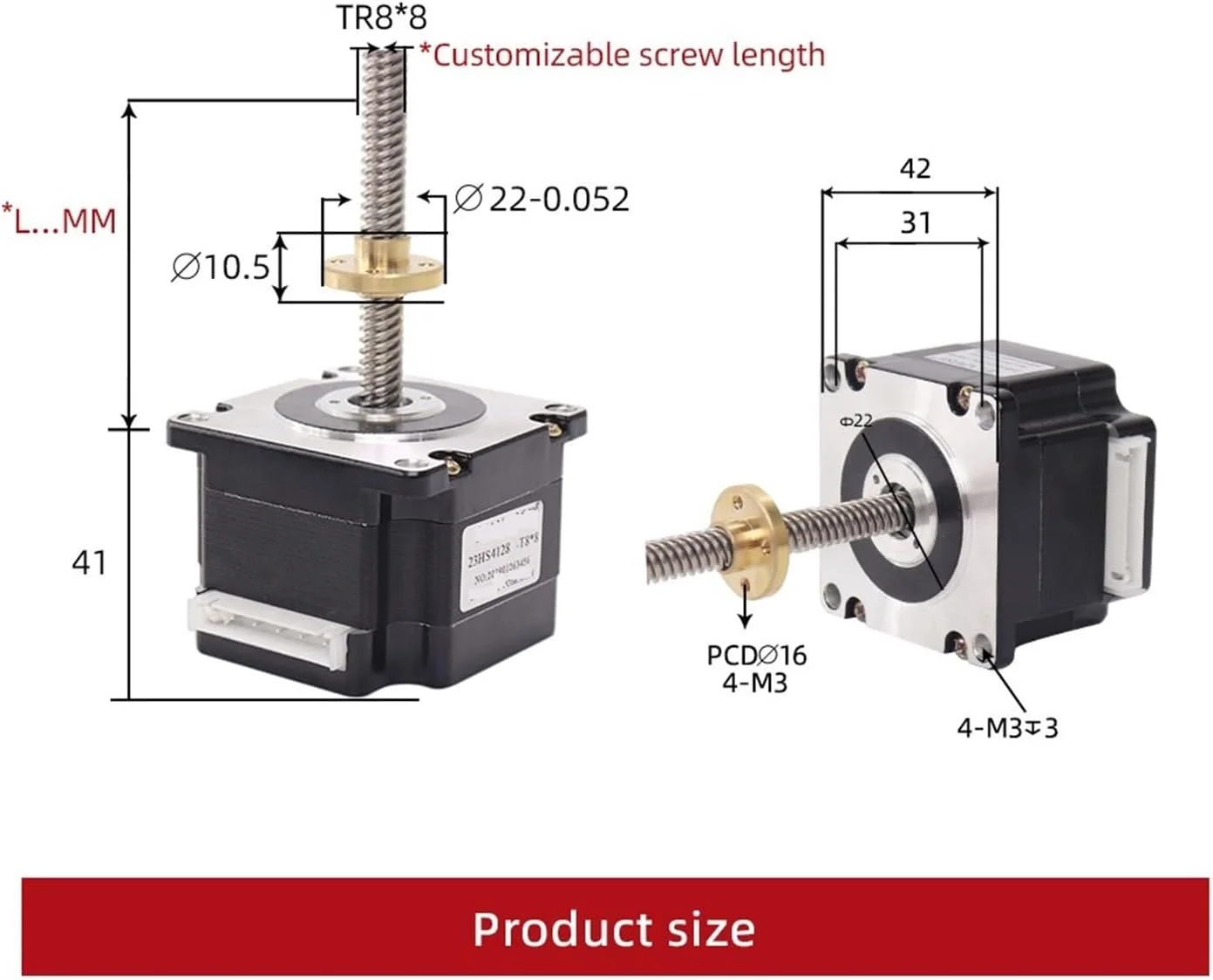 موتور پله ای 1 عدد Nema 23 موتور پله ای پیچی 23HS4128-T8 طول پیچ 300 میلی متر با مهره مسی لید 2/4/8 میلی متر برای CNC و موتور چاپگر سه بعدی (سایز: 23HS4128-T8x8-300mm)