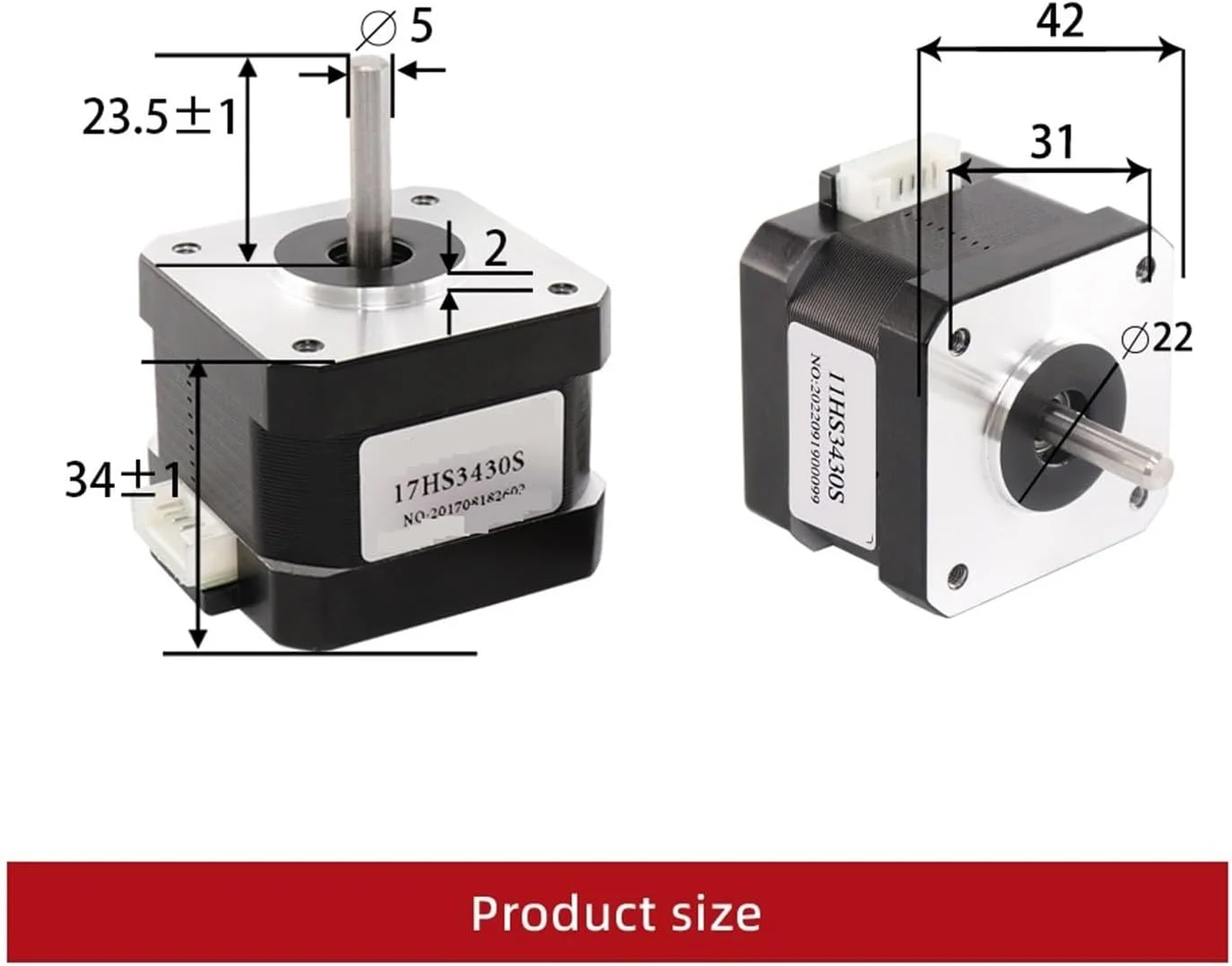 موتور پله ای NEMA17، موتور پله ای 0.4 آمپر 28N.cm، موتور 42BYGH34 مدل 17HS3430S برای تجهیزات مانیتور چاپگر سه بعدی، موتور پله ای 12 ولت (اندازه: 1 عدد 17HS3430S-D)