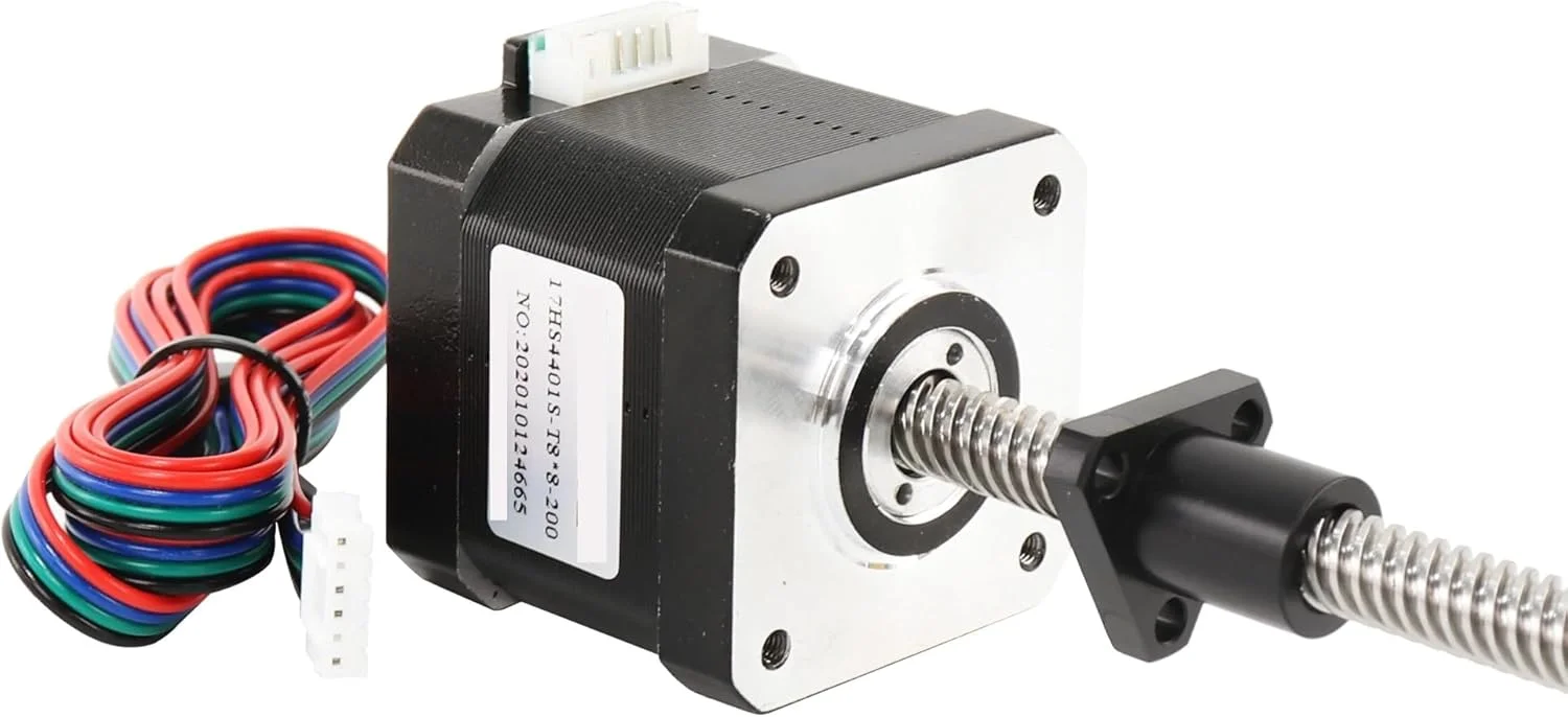 موتور پله ای Nema17 مدل 17HS4401S-T8 به همراه پیچ سربی 2/4/8 میلی متر 200 میلی متر، موتور 42 به همراه مهره های پلاستیکی و سیم 1 متری برای پرینتر سه بعدی. (سایز: 17HS4401S-T8x8-300mm)