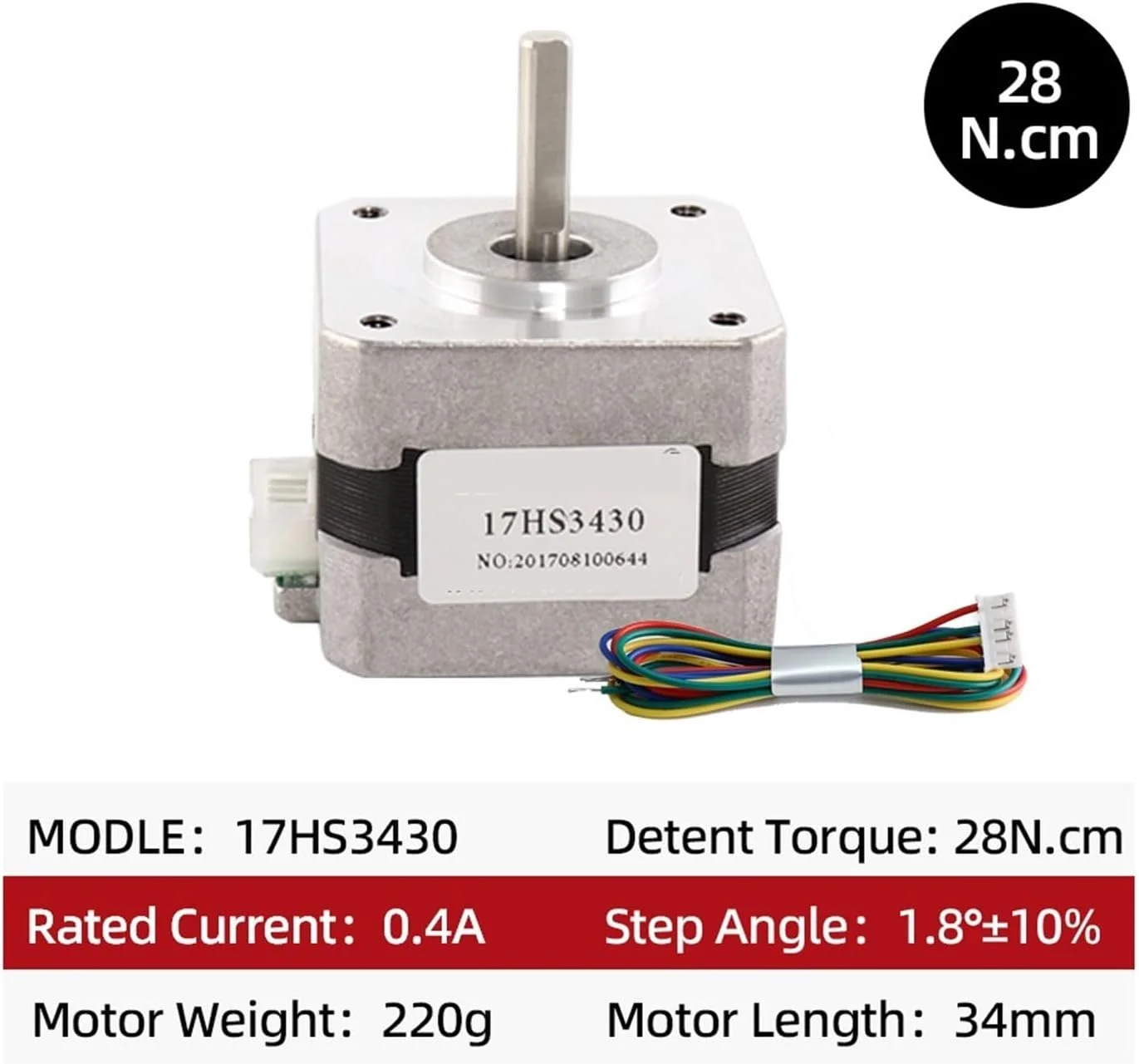 موتور پله ای Nema17 موتور پله ای 42BYGH 0.4A 4 سیم 28N.CM مدل 17HS3430 موتور سری 42 برای تجهیزات مانیتور چاپگر سه بعدی