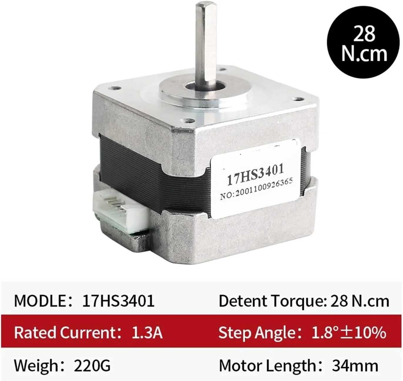 موتور پله ای 1 عدد 17HS3401 4 سیم Nema 17 موتور پله ای 42 موتور 42BYGH 1.3A 28N.CM گشتاور CE ROSH ISO CNC و پرینتر سه بعدی (سایز: 17HS3401 X1PCS)