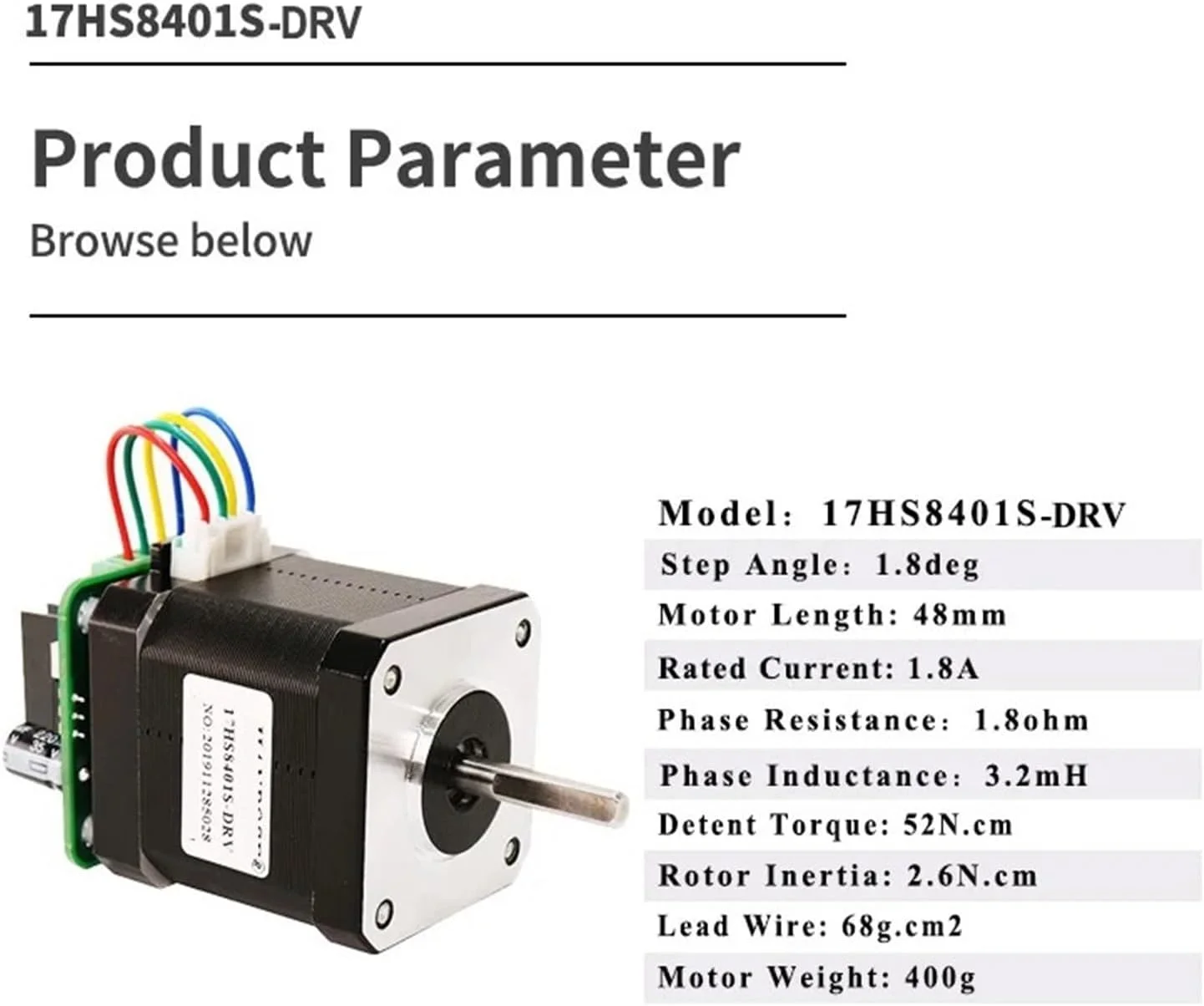 موتور پله ای 17HS3401S 17HS4401S-DRV دو فاز 4 سیم با درایور پشتی میکرو 0.6 آمپر 12N.CM برای لوازم جانبی پرینتر سه بعدی