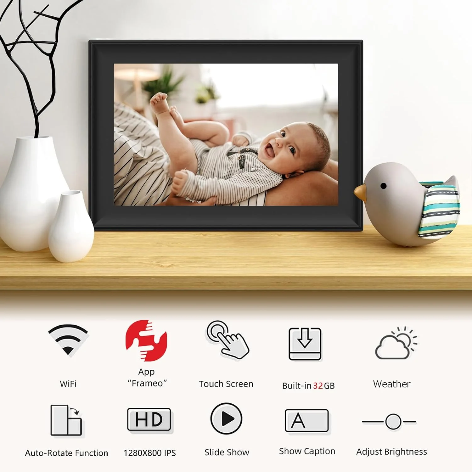 قاب عکس دیجیتال وای فای YENOCK FRAMEO 10.1 اینچ با حافظه داخلی 32 گیگابایت، حسگر حرکتی، چرخش خودکار، کارت SD/درایور USB، صفحه لمسی 1280x800، ثبت لحظات فوری قاب عکس دیجیتال وای فای YENOCK FRAMEO 10.1 اینچ با حافظه داخلی 32 گیگابایت، حسگر حرکتی، چرخش خودکار، کارت SD/درایور USB، صفحه لمسی 1280x800، ثبت لحظات فوری