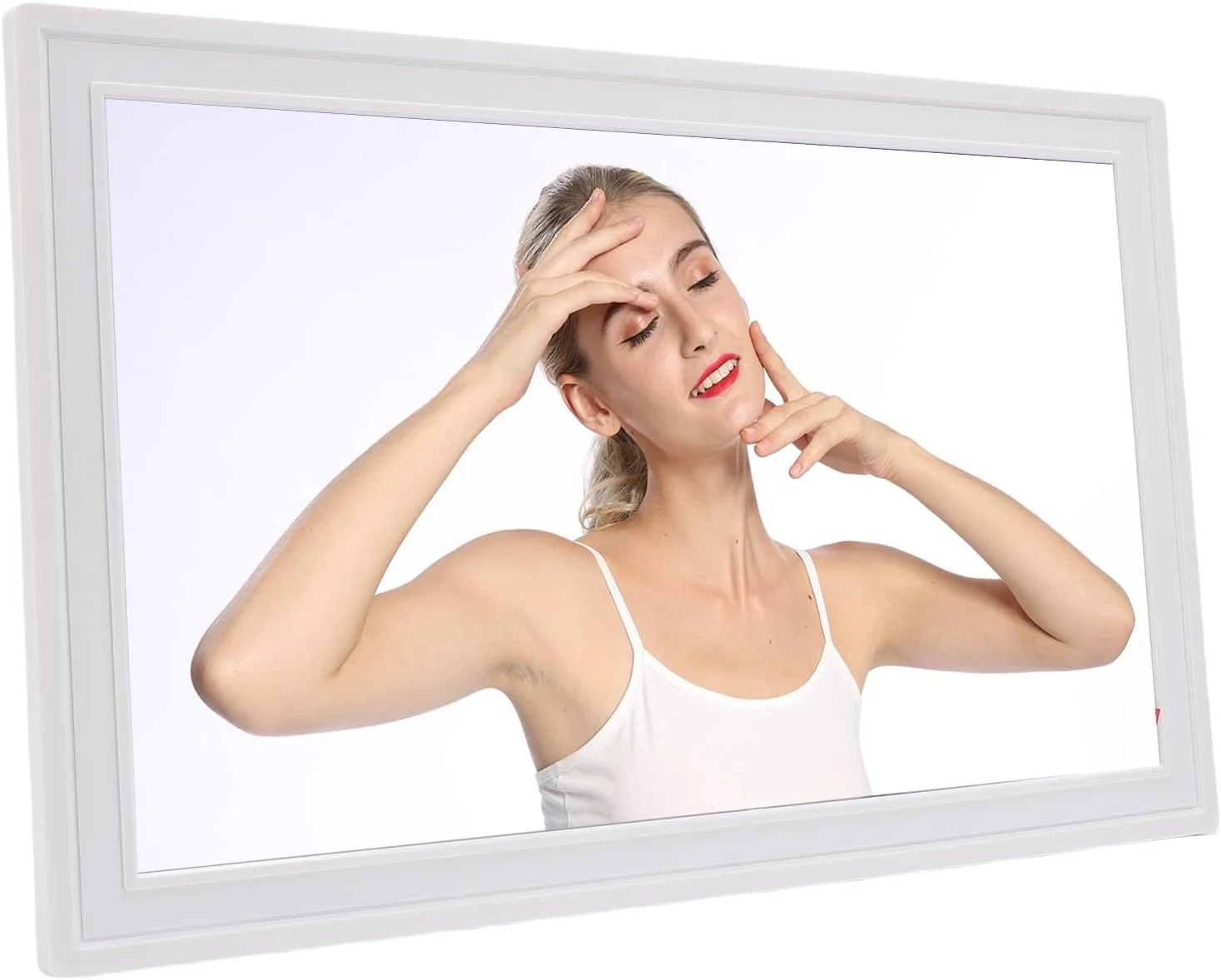 قاب عکس دیجیتال 18.5 اینچی، قاب عکس الکترونیکی وای فای با صفحه لمسی ال سی دی LED، حافظه 32 گیگابایتی، چرخش خودکار، بلندگوی داخلی، اشتراک گذاری عکس ها و فیلم ها (سفید)