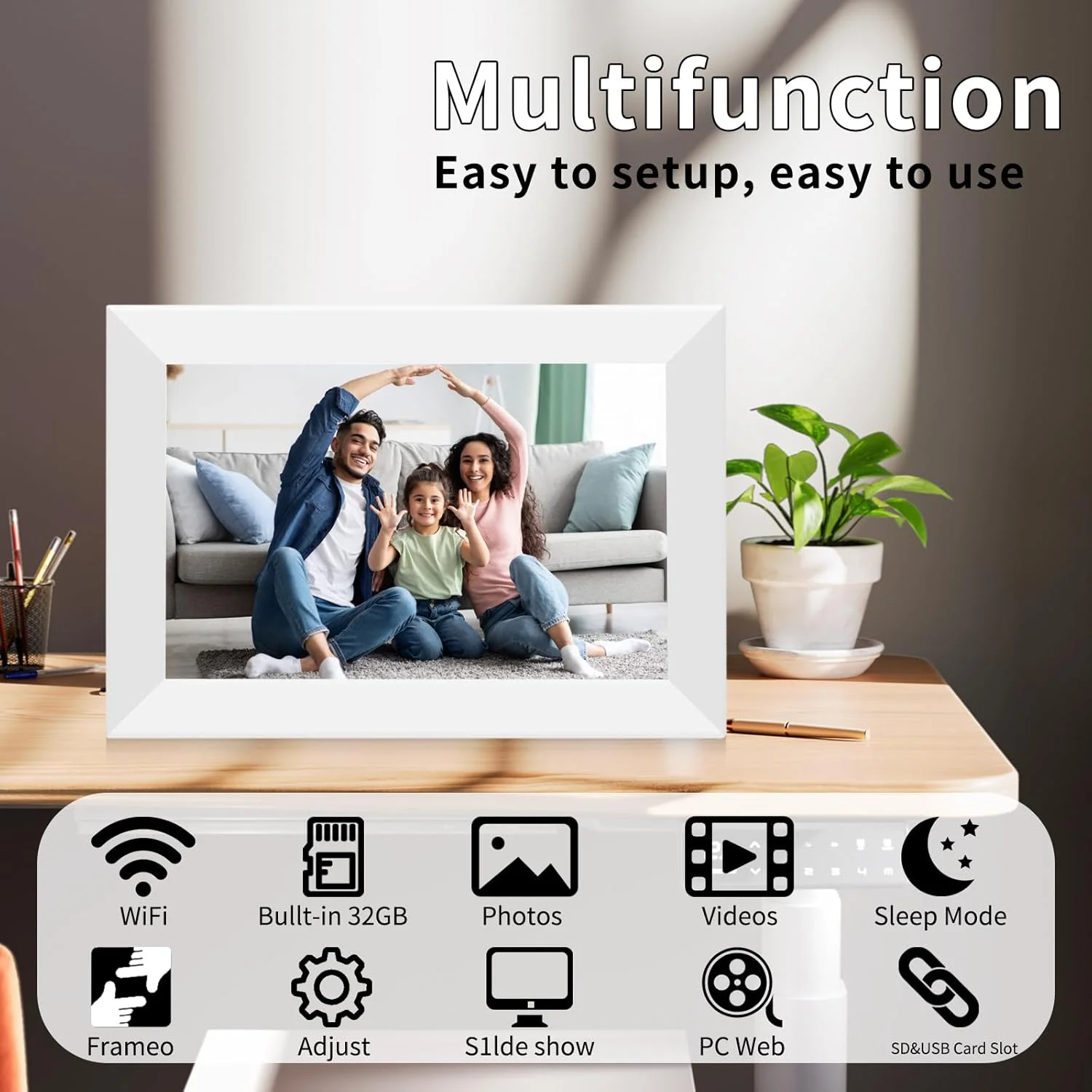 قاب عکس دیجیتال Frameo با صفحه نمایش لمسی 10.1 اینچی سفید، قاب عکس هوشمند وای فای با صفحه نمایش لمسی IPS، صفحه نمایش HD 1280x800، چرخش خودکار 32 گیگابایتی، قابلیت نصب روی دیوار، اسلات SD/USB، اشتراک گذاری فوری از طریق برنامه Frameo قاب عکس دیجیتال Frameo با صفحه نمایش لمسی 10.1 اینچی سفید، قاب عکس هوشمند وای فای با صفحه نمایش لمسی IPS، صفحه نمایش HD 1280x800، چرخش خودکار 32 گیگابایتی، قابلیت نصب روی دیوار، اسلات SD/USB، اشتراک گذاری فوری از طریق برنامه Frameo
