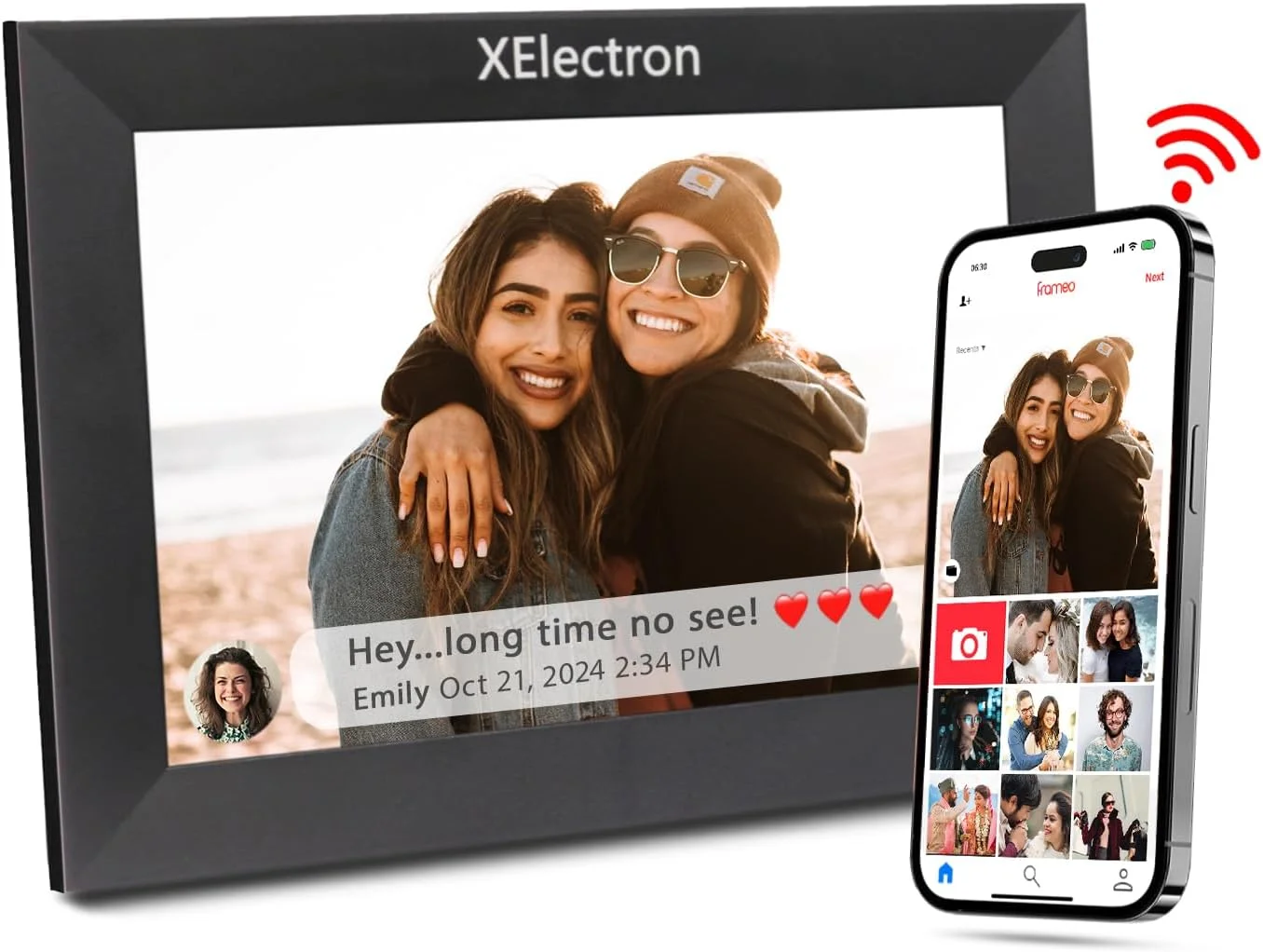 قاب عکس دیجیتال ۱۰.۱ اینچی XElectron با صفحه نمایش لمسی IPS و کیفیت Full HD، حافظه ۱۶ گیگابایتی، چرخش خودکار و قابلیت اشتراک گذاری عکس و فیلم از طریق برنامه Frameo