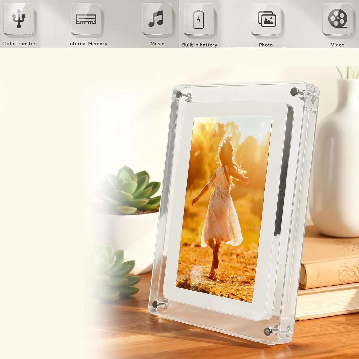 قاب عکس دیجیتال 7 اینچی، قاب اکریلیک با حافظه 8 گیگابایتی، نمایشگر 1080P، نمایش اسلاید، پشتیبانی از باتری 1500 میلی آمپری، پخش قابل تنظیم، هدیه ایده آل برای خانه و دفتر قاب عکس دیجیتال 7 اینچی، قاب اکریلیک با حافظه 8 گیگابایتی، نمایشگر 1080P، نمایش اسلاید، پشتیبانی از باتری 1500 میلی آمپری، پخش قابل تنظیم، هدیه ایده آل برای خانه و دفتر