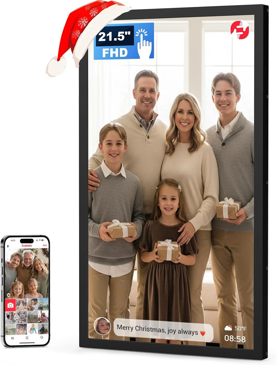 قاب عکس دیجیتال بزرگ 21.5 اینچی FRAMEO با صفحه لمسی 1920x1080 FHD IPS، قاب عکس دیجیتال WiFi با حافظه 32 گیگابایت، قابل نصب روی دیوار، اشتراک گذاری عکس/فیلم از طریق برنامه ها، ایمیل، پشتیبانی از USB/Mirco SD، مشکی