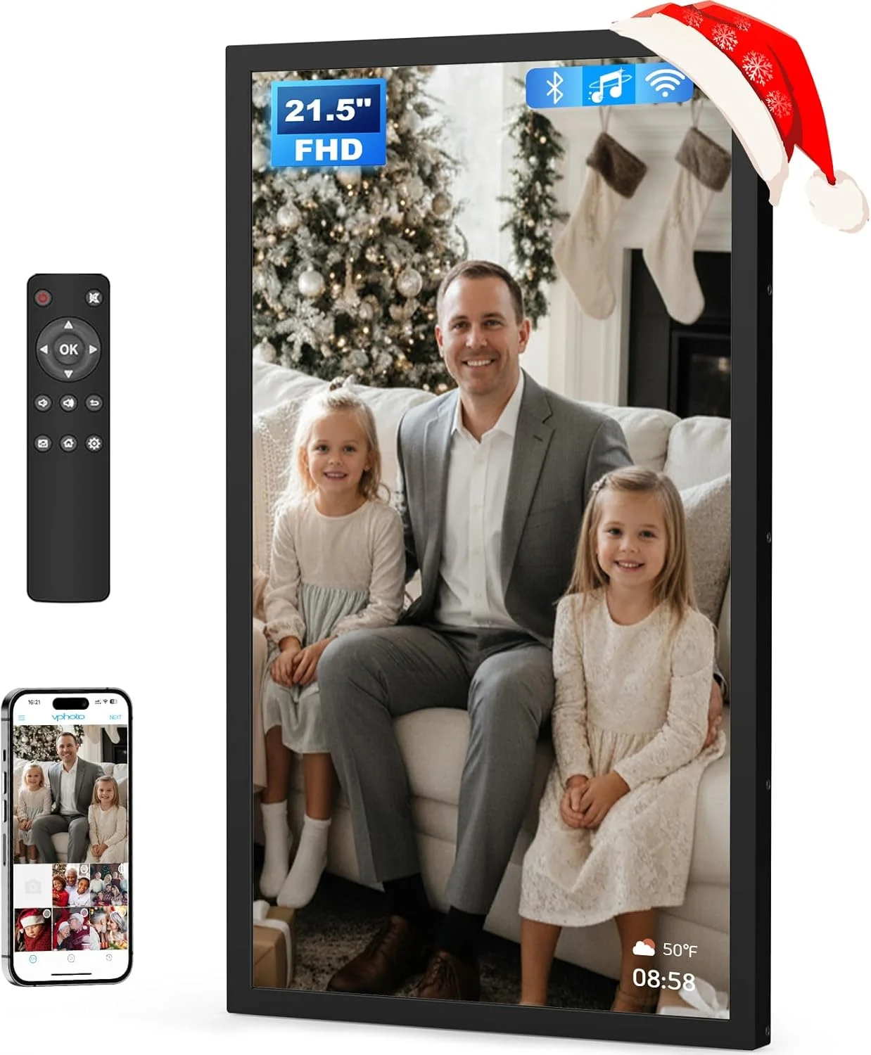 قاب عکس دیجیتال لمسی 21.5 اینچی با صفحه نمایش FHD IPS، 32 گیگابایت، وای فای، کنترل از راه دور، قابلیت نصب روی دیوار، اشتراک گذاری عکس/فیلم از طریق برنامه ها، ایمیل، USB/Mirco SD، مشکی