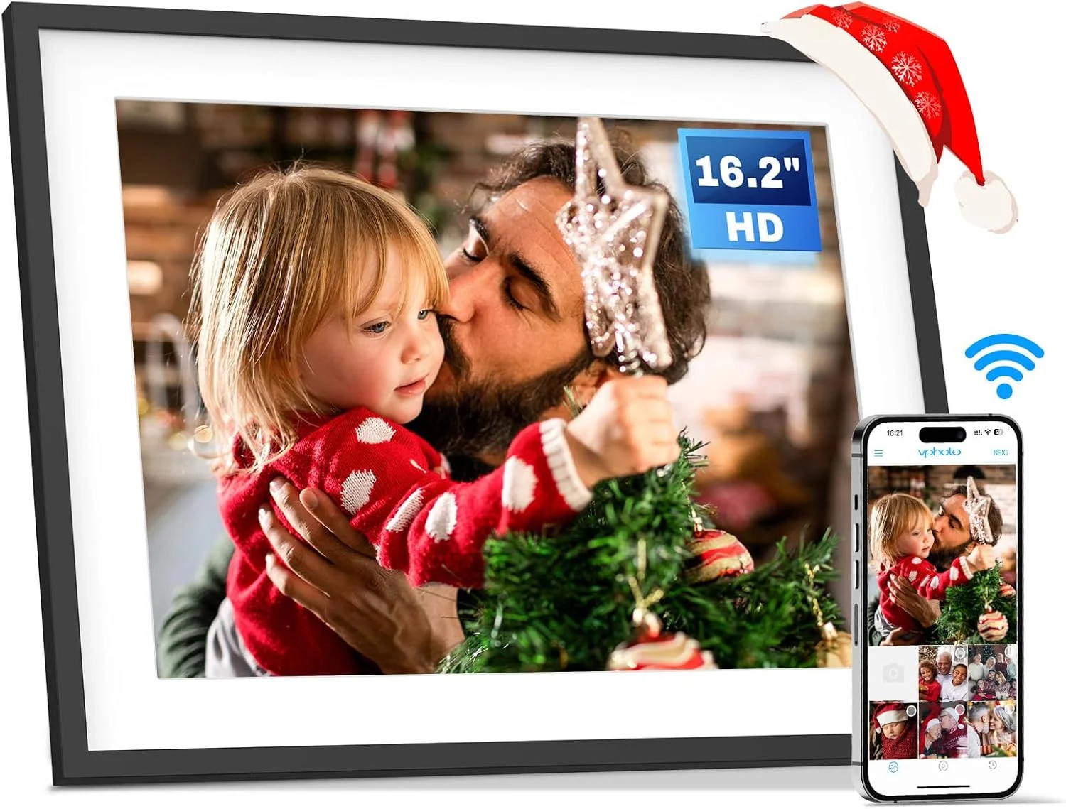 قاب عکس دیجیتال وای فای 16.2 اینچی با حافظه 32 گیگابایت، قاب عکس الکترونیکی هوشمند با صفحه لمسی IPS HD، قابلیت نصب روی دیوار، اشتراک گذاری آسان عکس ها و فیلم ها از طریق برنامه و ایمیل، هدیه برای پدربزرگ و مادربزرگ