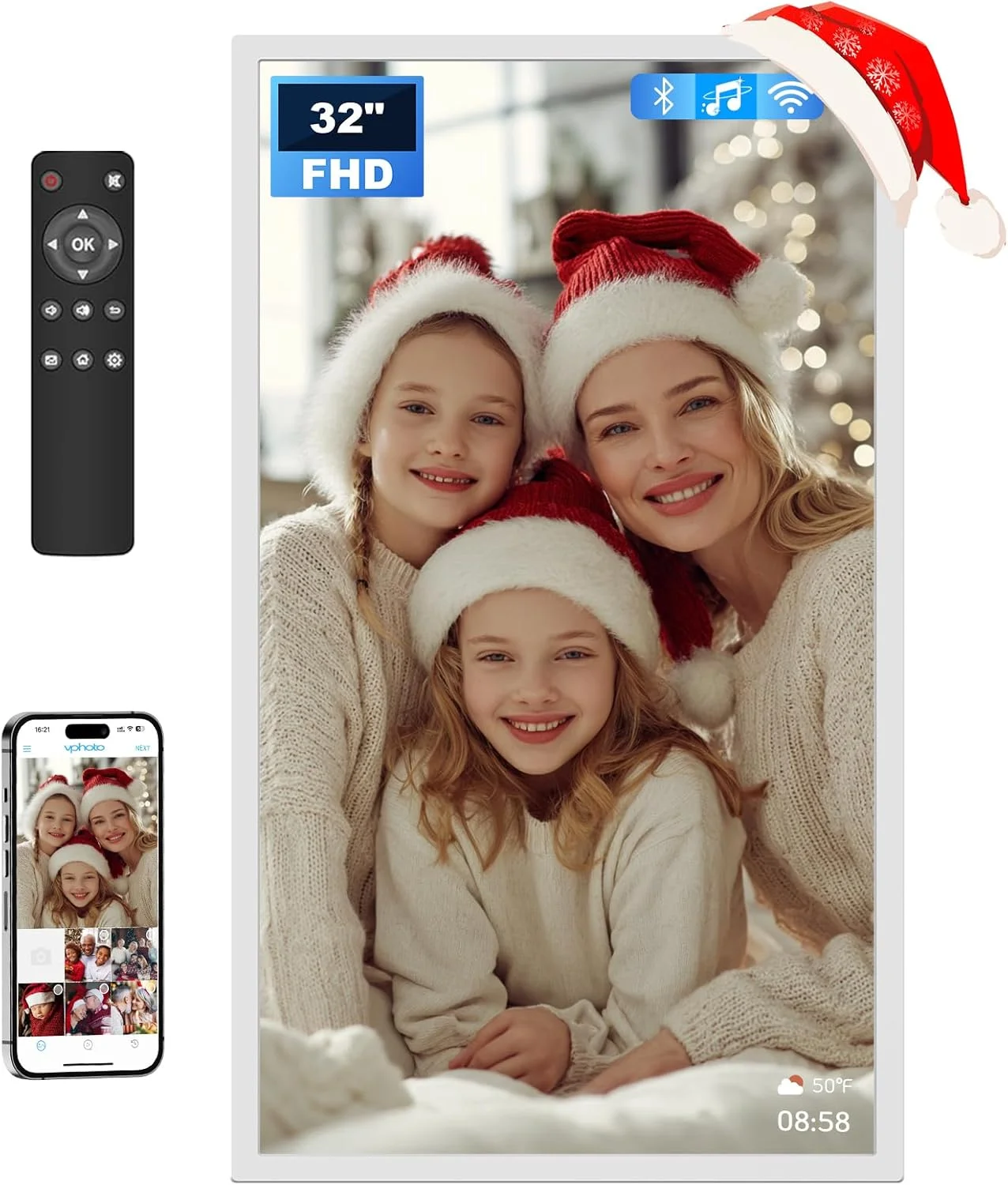 قاب عکس دیجیتال بسیار بزرگ 32 اینچی، 1920x1080 FHD IPS WiFi با کنترل از راه دور، حافظه 64 گیگابایتی، چرخش خودکار، اشتراک فوری عکس/فیلم از طریق برنامه ها/ایمیل، USB/Mirco SD، سفید