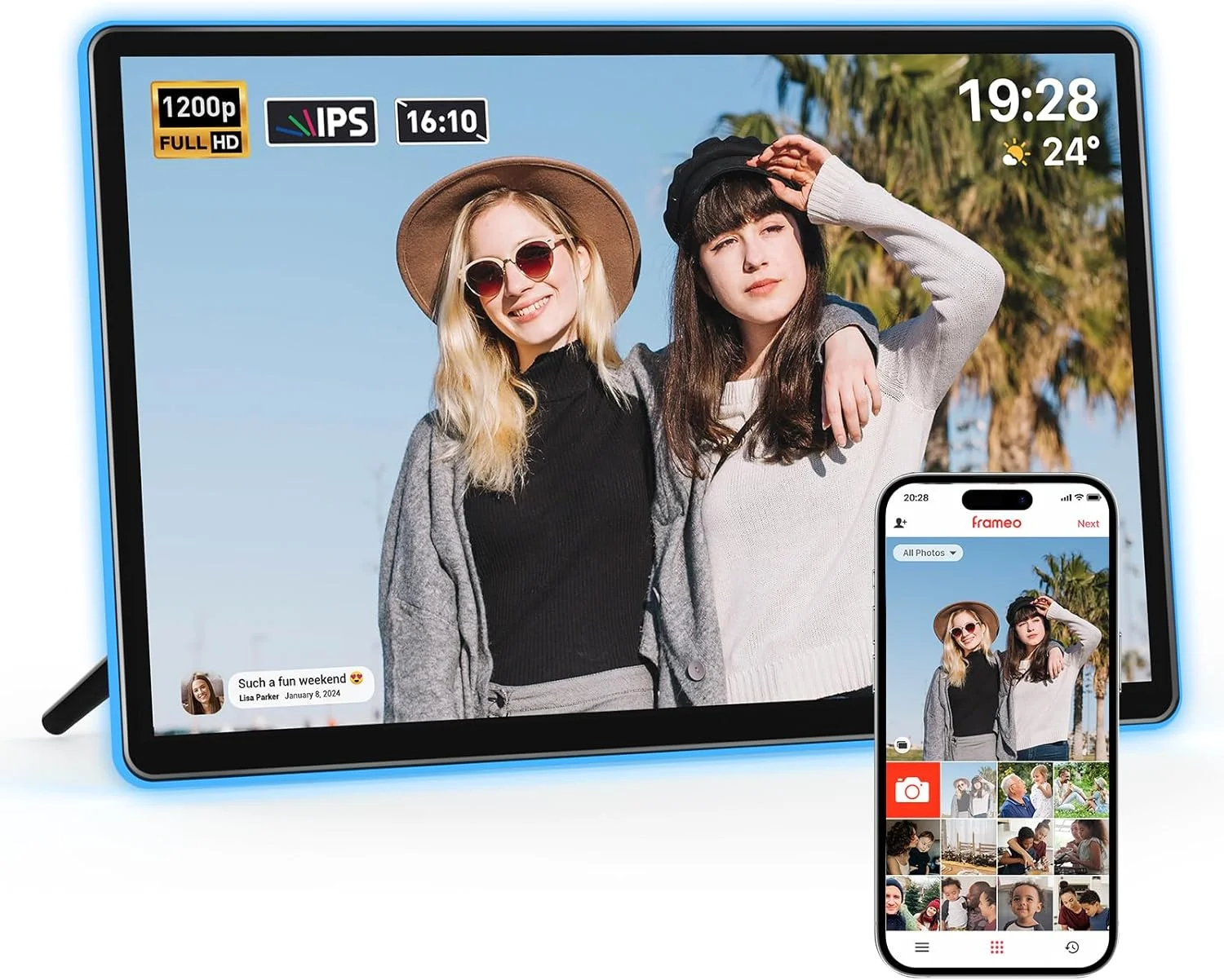 قاب عکس دیجیتال نئون ApoloSign - صفحه نمایش 14 اینچی 2K FHD | قاب عکس دیجیتال با نوار LED تغییر رنگ هوش مصنوعی | اشتراک گذاری سریع عکس/فیلم، راه اندازی آسان در برنامه Frameo | بهترین قاب دیجیتال برای هدیه دادن