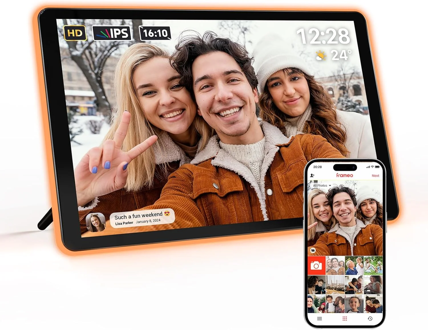 قاب عکس دیجیتال نئون ApoloSign - صفحه نمایش 10.1 اینچی 2K FHD، نوار LED با تغییر رنگ کنترل شده توسط هوش مصنوعی، برنامه Frameo - بهترین قاب عکس دیجیتال برای هدیه دادن