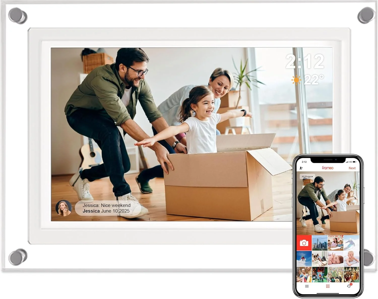قاب عکس دیجیتال وای فای، قاب عکس دیجیتال 10.1 اینچی اکریلیک Frameo، صفحه نمایش لمسی IPS LCD، چرخش خودکار عکس/فیلم، هدیه برای مادر و پدر