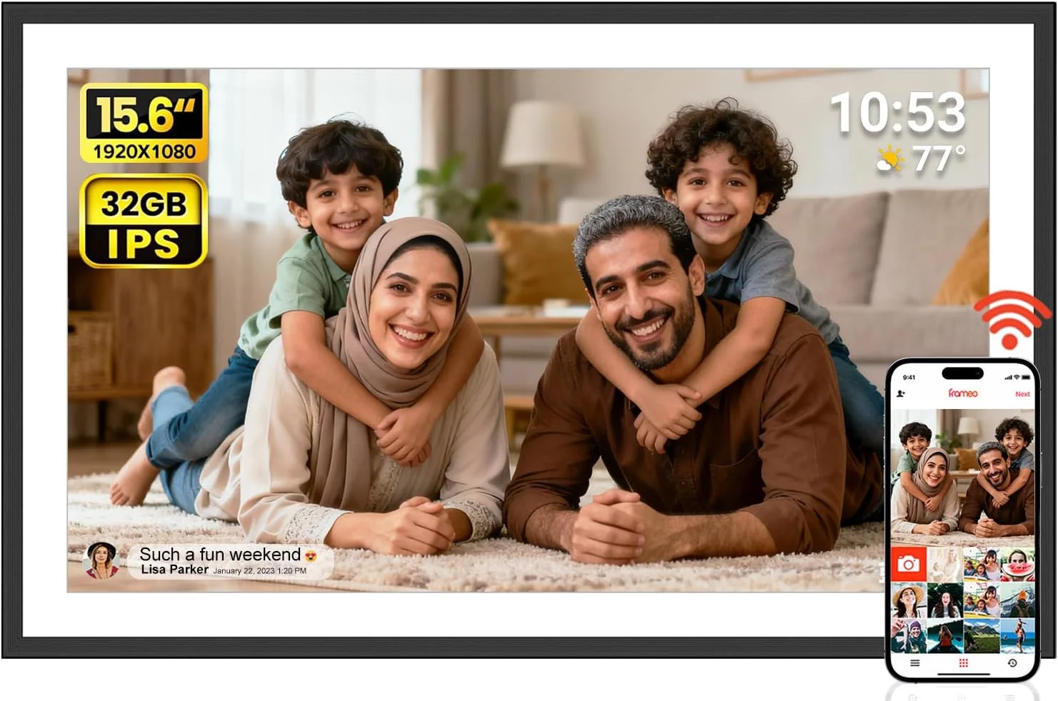 قاب عکس دیجیتال بزرگ 15.6 اینچی AKImart، قاب عکس دیجیتال وای فای، صفحه نمایش لمسی IPS HD با حافظه 32 گیگابایتی، اشتراک گذاری فوری عکس/فیلم با چرخش خودکار از طریق برنامه Frameo، هدیه برای مادر