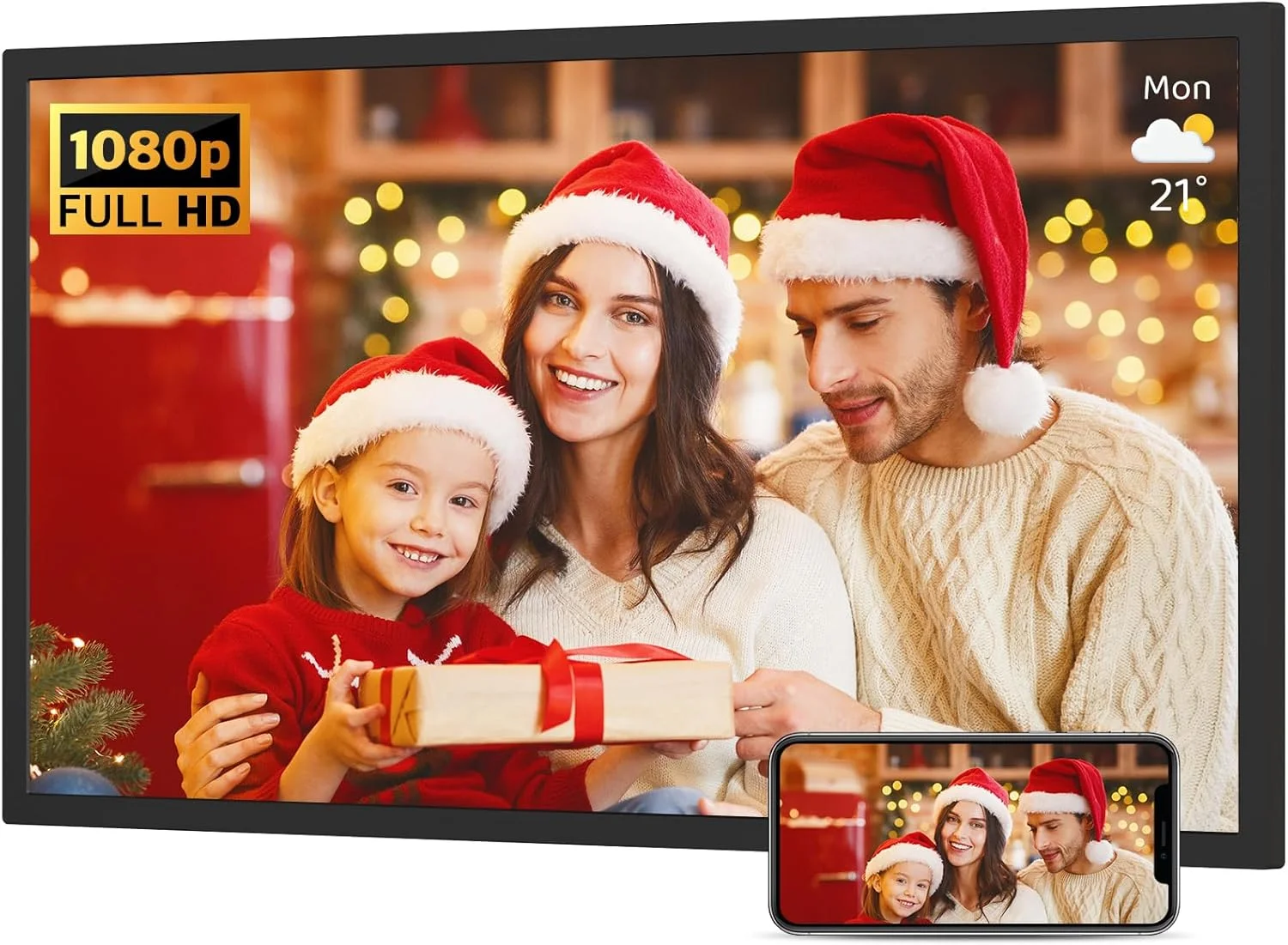 قاب عکس دیجیتال بزرگ 32 اینچی FHD با حافظه 64 گیگابایت - قاب عکس دیجیتال وای فای IPS با رزولوشن 1920x1080، حسگر نور، کنترل از راه دور، چرخش خودکار، اشتراک گذاری عکس ها و فیلم ها از طریق برنامه ایمیل، هدیه دیواری برای مادر و پدر