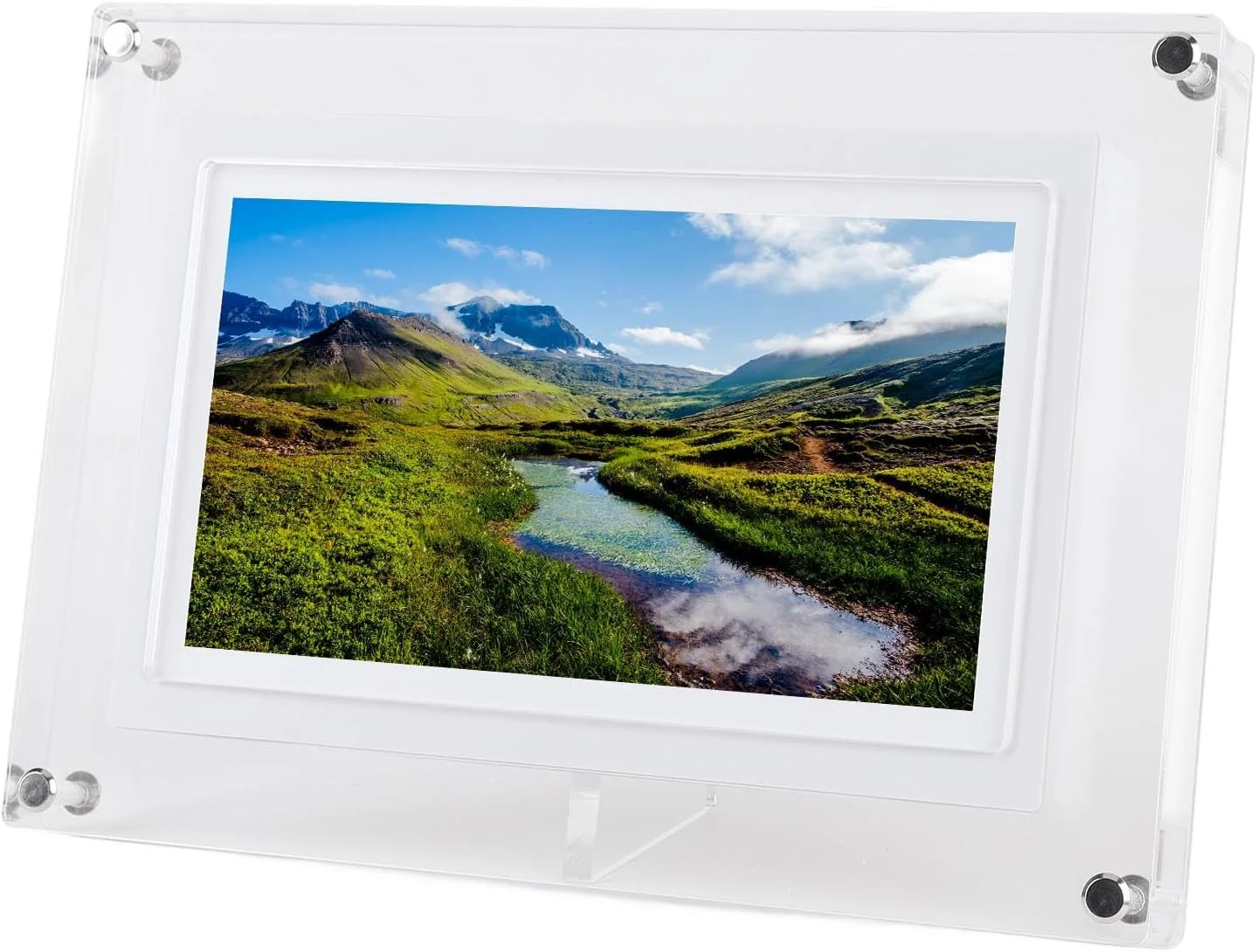 قاب عکس دیجیتال اکریلیک 7 اینچی، نور LED، حافظه 4 گیگابایتی، چرخش خودکار، نور محیطی رنگارنگ، همگام سازی موسیقی، قابلیت نصب روی دیوار، نمایش حلقه ای، باتری 2000 میلی آمپری